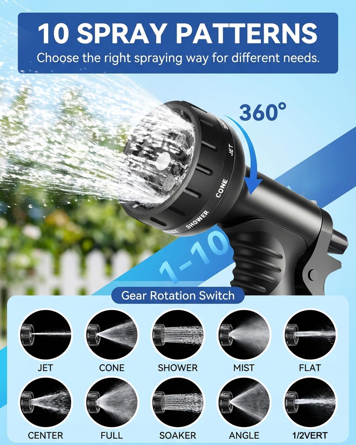 Detalle de Expandable Garden Hose Pipe 100FT/30M with 10-Function Nozzle, 4-Layer Latex, 3/4" & 1/2" Fittings, 3750D Fabric