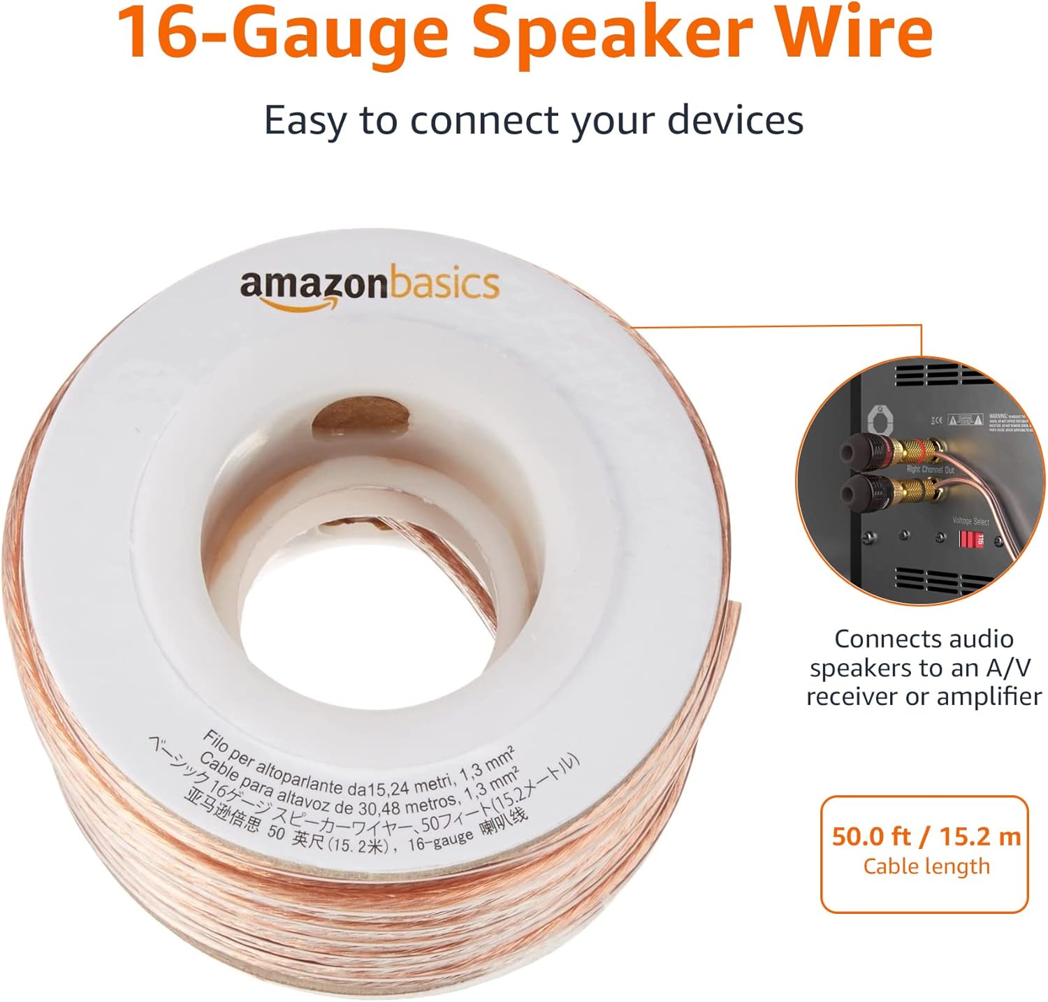 Thumbnail 1 de Amazon Basics Câble d'enceinte calibre 16, 15,24 m – Transparent