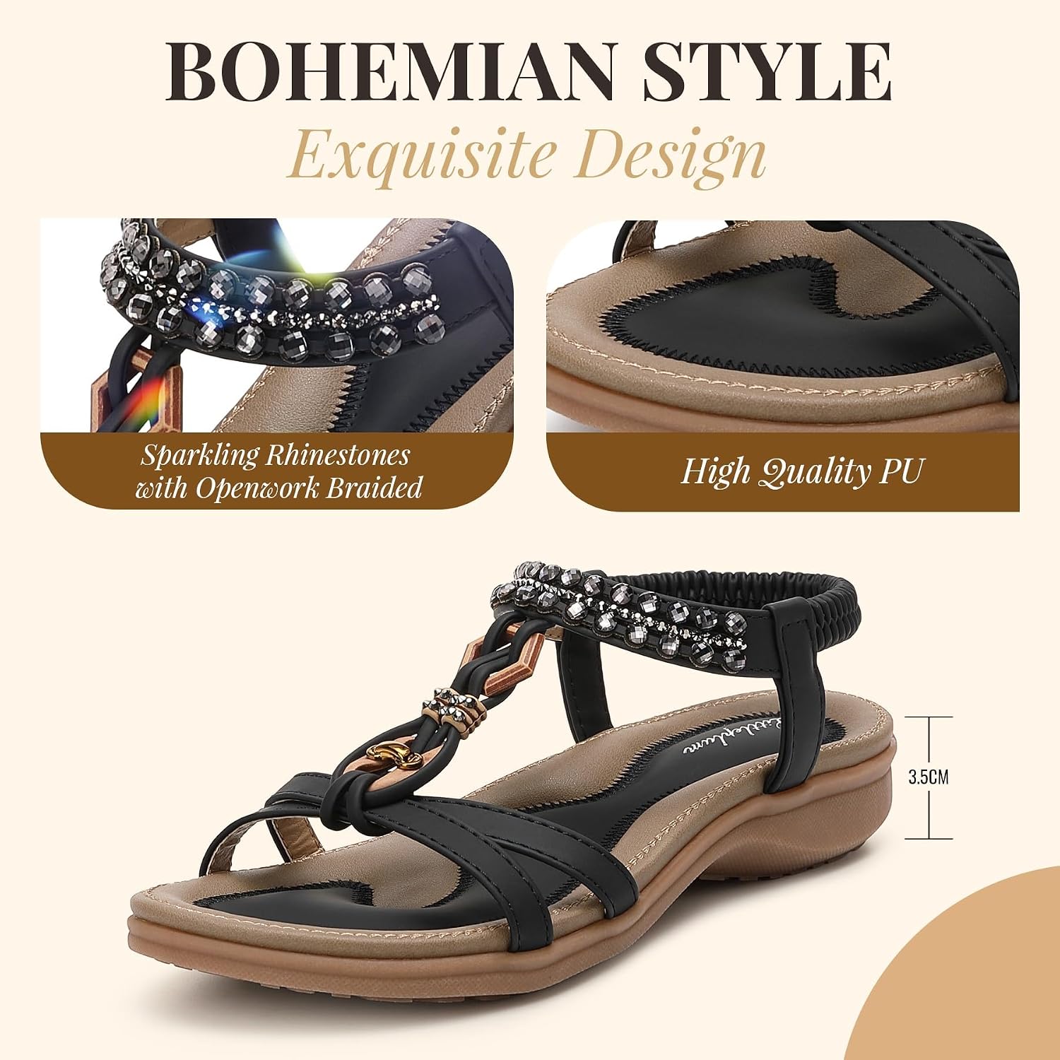 Detalle 2 de Littleplum Sandalen Damen Sommer Flache Sandalette Bohemia mit Strass-Perlen – vielseitige Freizeitsandaletten