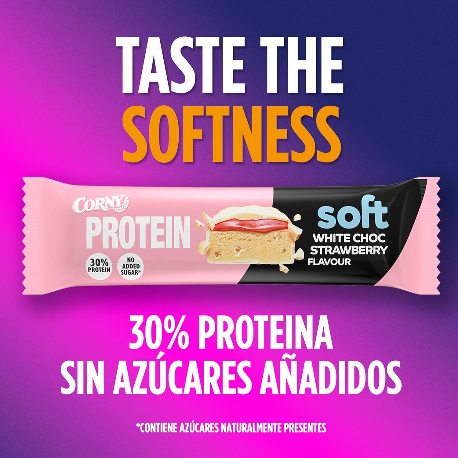 Detalle 2 de Corny Protein Soft 🍫🌸 Barritas Proteicas Chocolate Blanco y Fresa, 30% Proteína