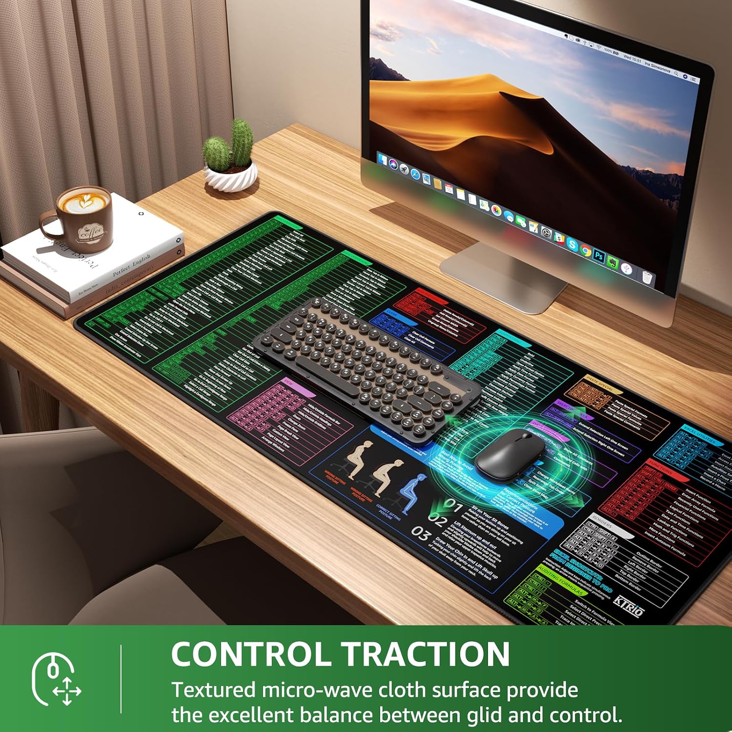 Detalle de KTRIO Excel Shortcuts Mousepad (900 x 400 mm) with non-slip base and stitched edges