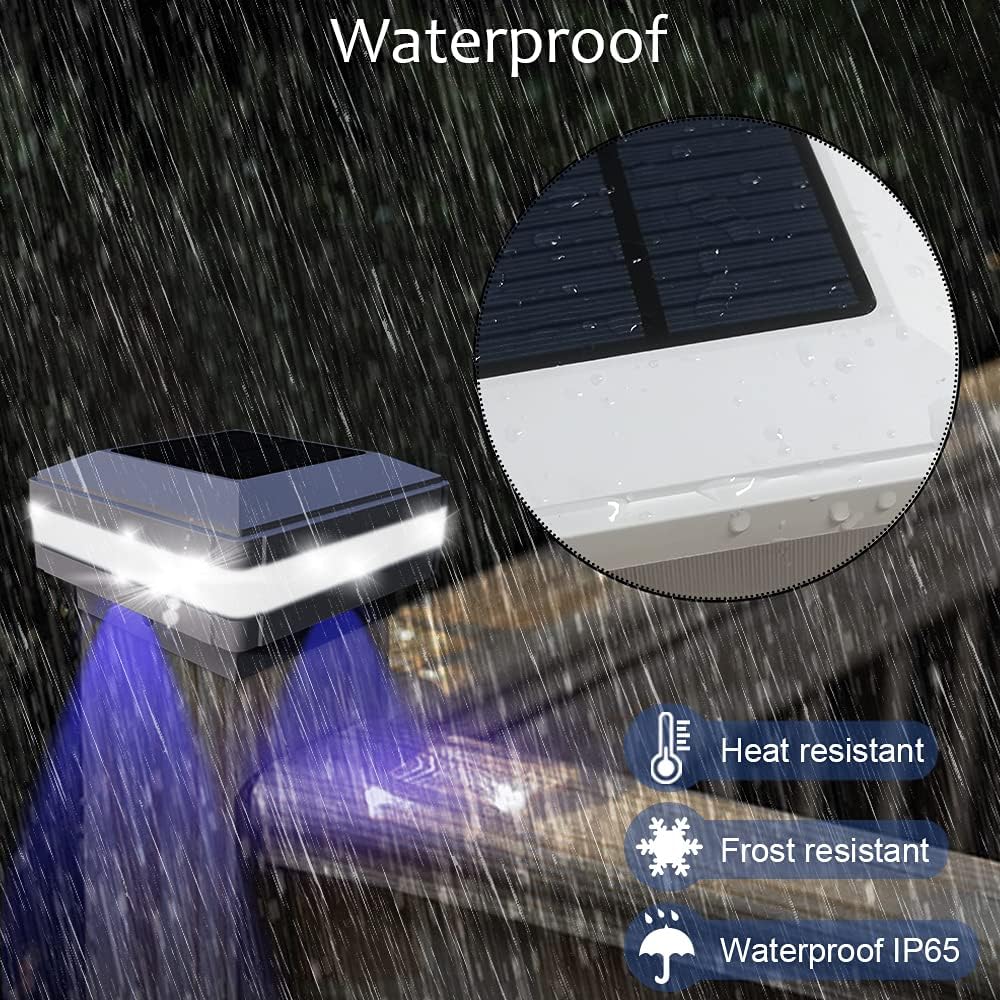 Detalle 2 de GEYUEYA Home Solar Post Lights (4 Pack): Square White Post Caps with Blue Accent