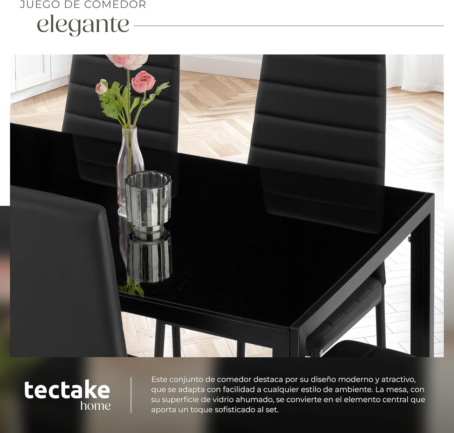 Detalle 2 de tectake® Conjunto mesa y 6 sillas vidrio negro