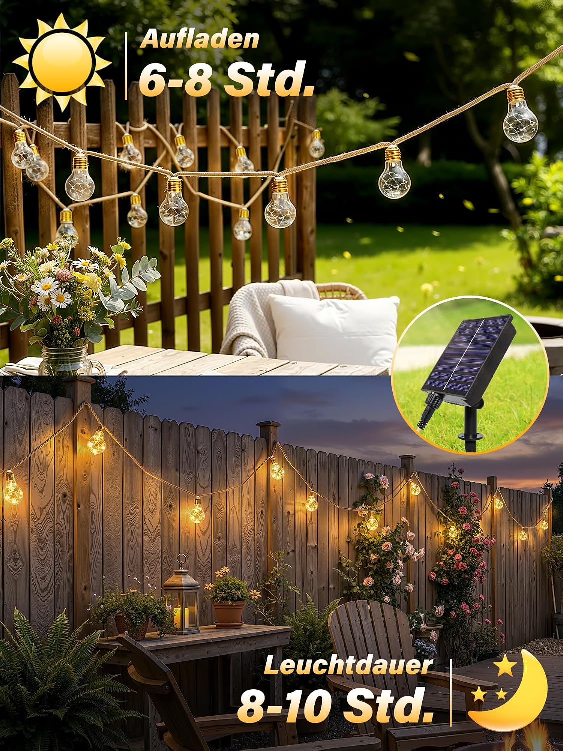 Detalle de Ollny Solar Lichterkette Außen – 24 Glühbirnen, 12 m (Name/Angabe) – wetterfest, 8 Modi, Timer, Dimmbar, Hanfseil