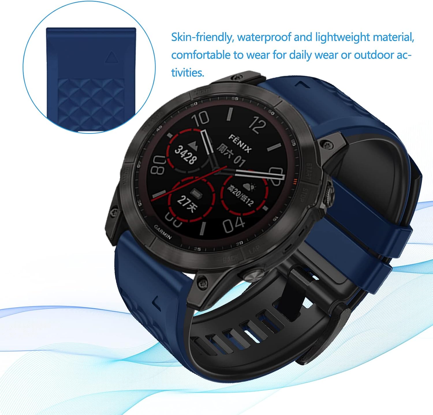 Detalle de LanQii 26mm QuickFit Silikon-Armband für Garmin (QuickFit) – Ersatzband in Blau/Schwarz