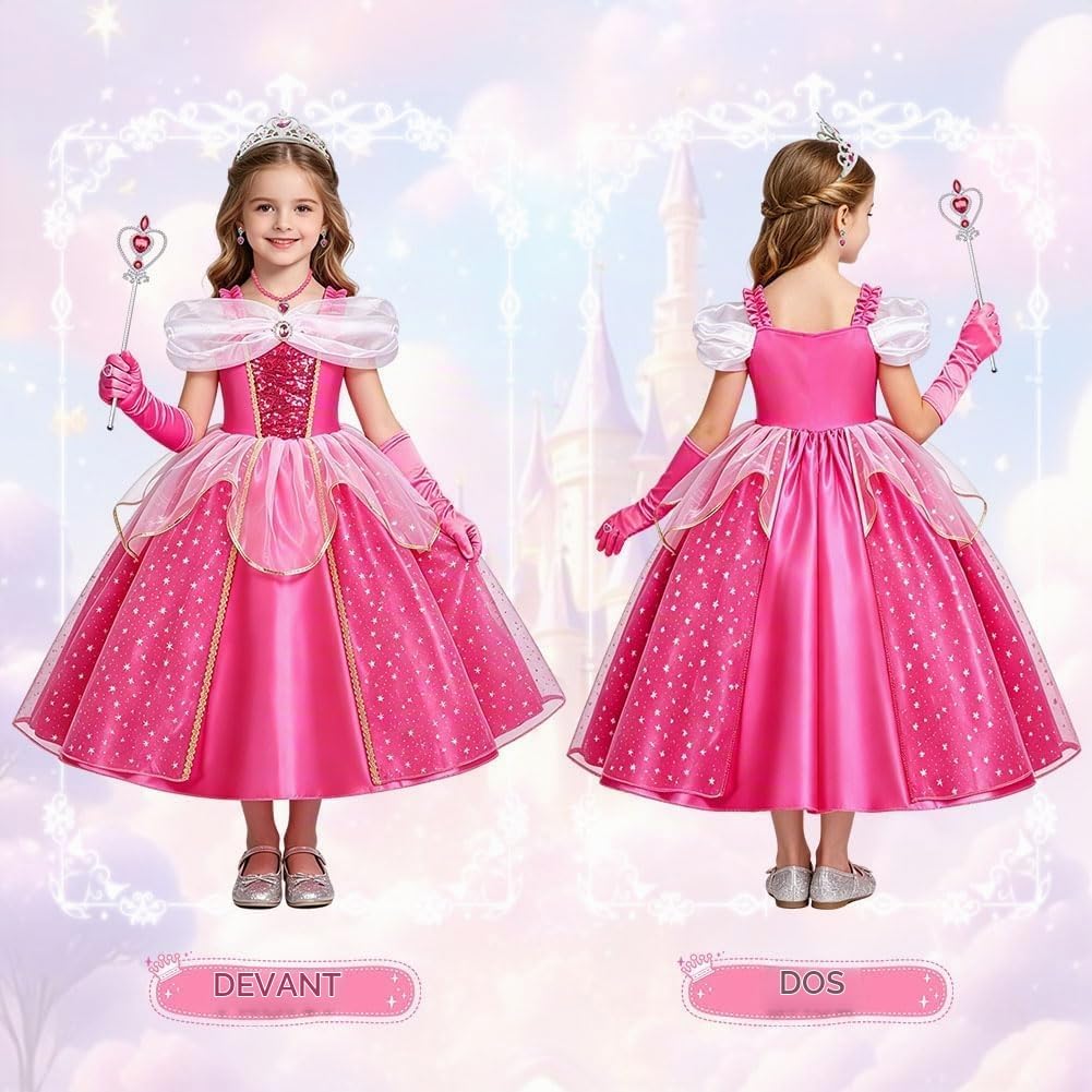 Detalle de URAQT prinsessenjurk voor meisjes, 7-delig, rozerood met kant