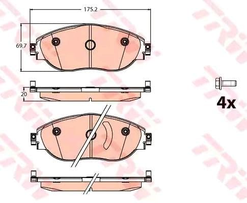 Detalle de TRW GDB2114 – Kit de 4 plaquettes de frein avec contact d’usure pour essieu avant (Golf VII)