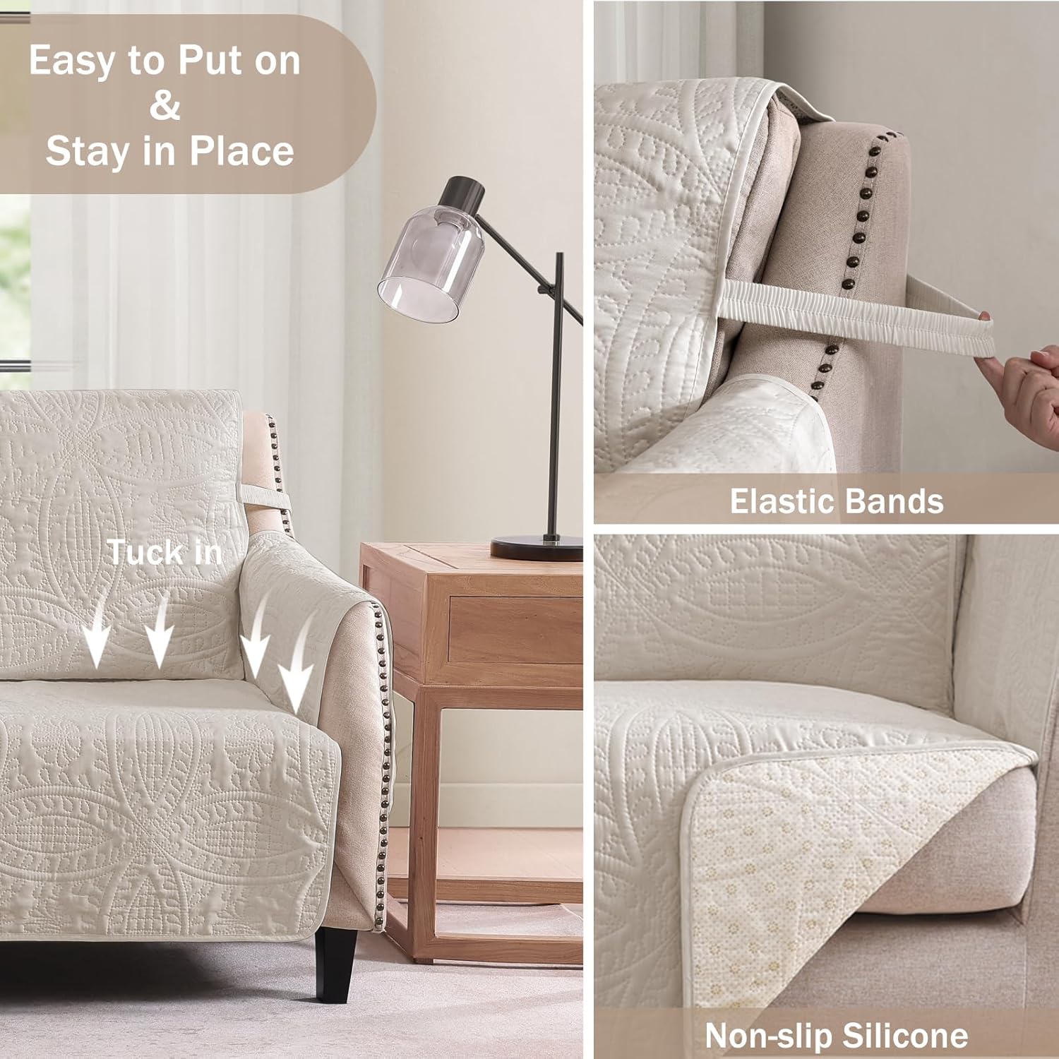 Thumbnail 2 de Pamhaven Beige Quilted Recliner Chair Covers (Water-Repellent, Pet Friendly, Washable) for Recliners up to 22