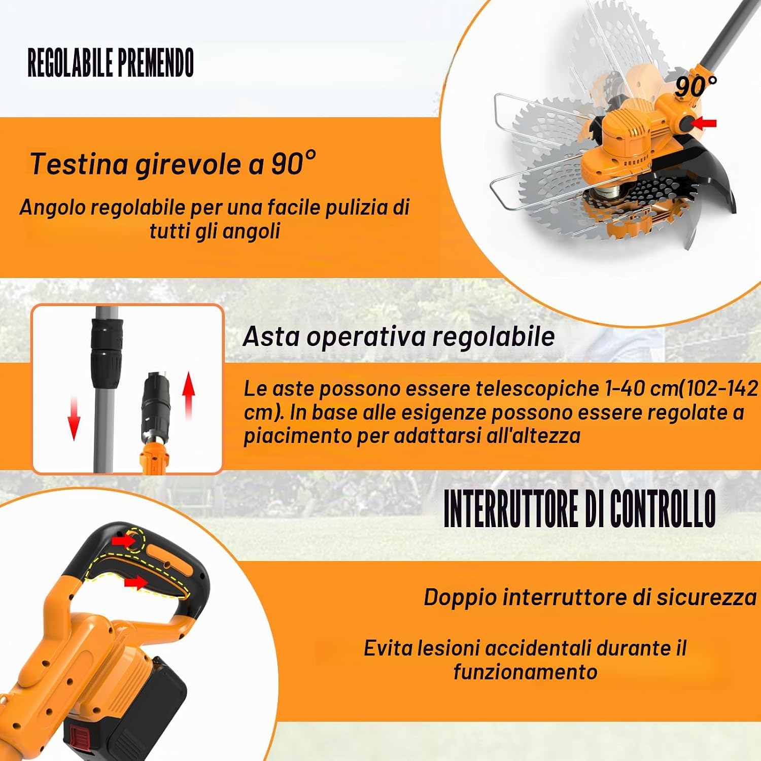 Detalle de Decespugliatore a batteria 2 batterie, tagliaerba 4 in 1 con testa girevole 0–90°, leggero e versatile per giardino