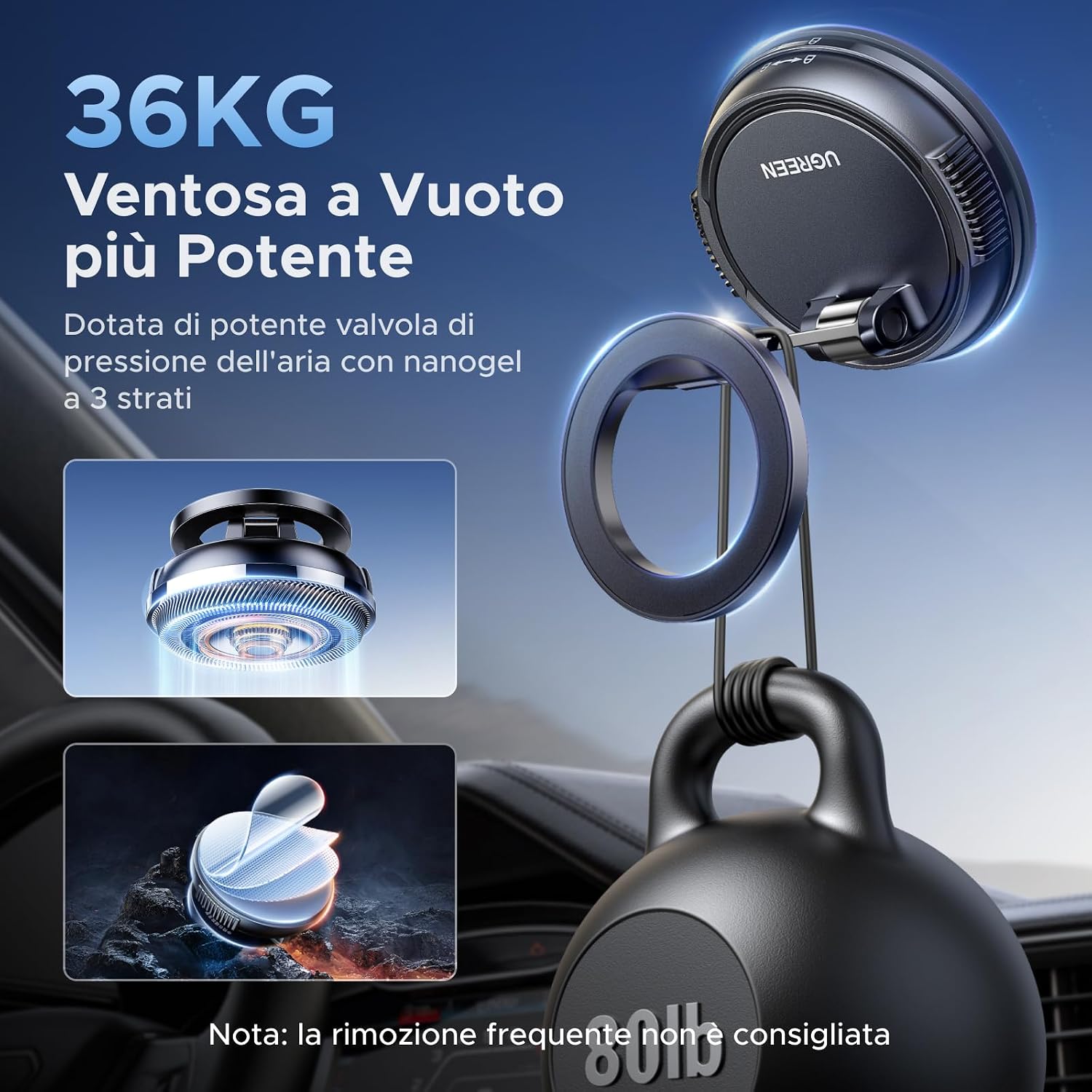 Thumbnail 3 de UGREEN Supporto Telefono Auto MagSafe 2 in 1 con ventosa e adesivo, rotazione 360° (iPhone MagSafe) Nero