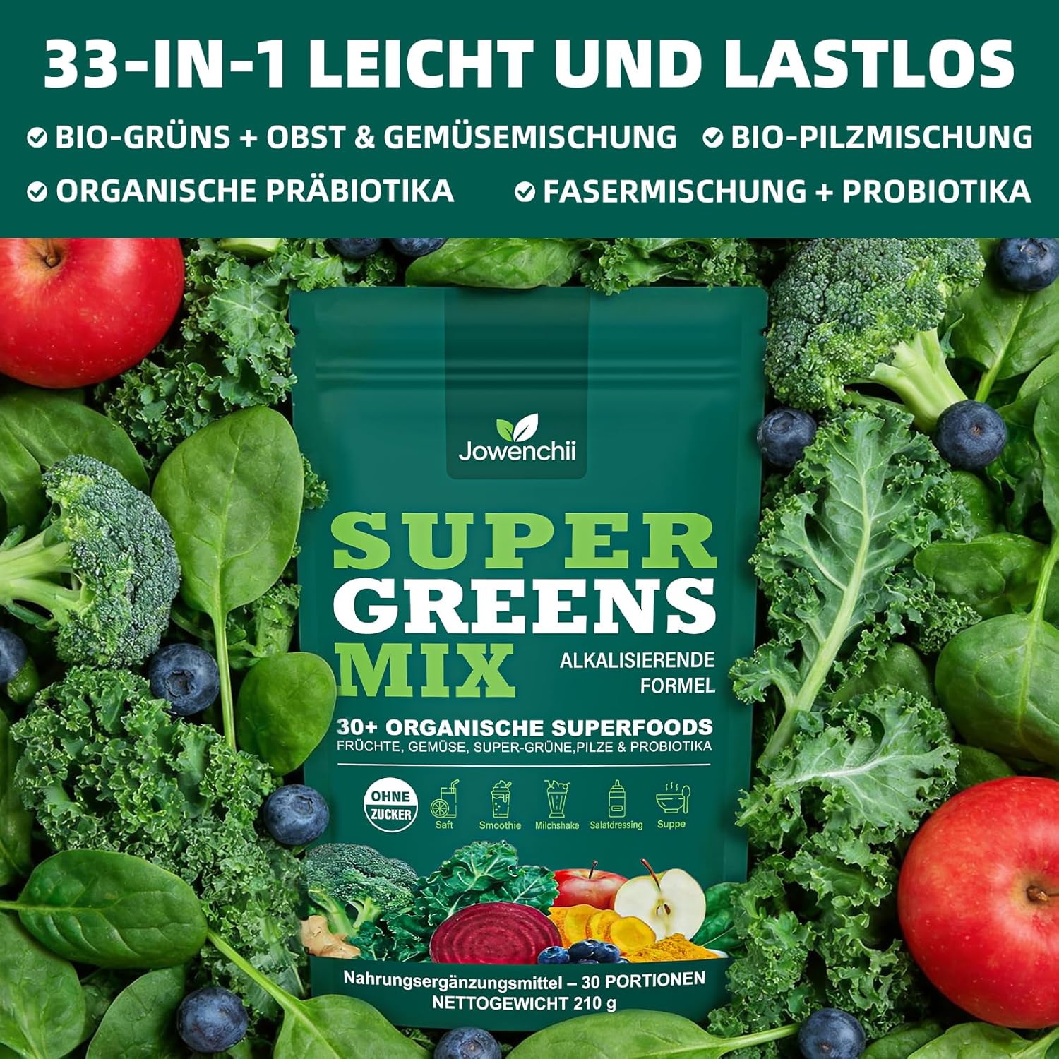 Detalle de Grüne Entgiftungspulver – Grünes Superfood Pulver Helfer (33 Zutaten mit Spirulina & Chlorella)