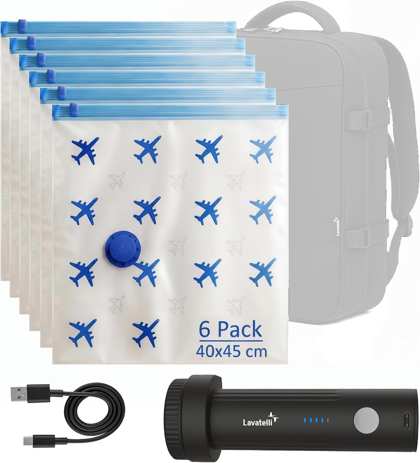 Detalle de Lavatelli Ultimate Travel Set: Pompa Sottovuoto Wireless e 12 Sacchetti Salvaspazio
