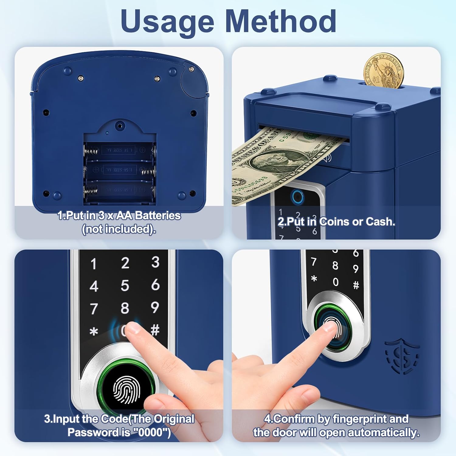 Detalle de Highttoy HH918 elektronische spaarpot, donkerblauw met touchscreen en cijfercode