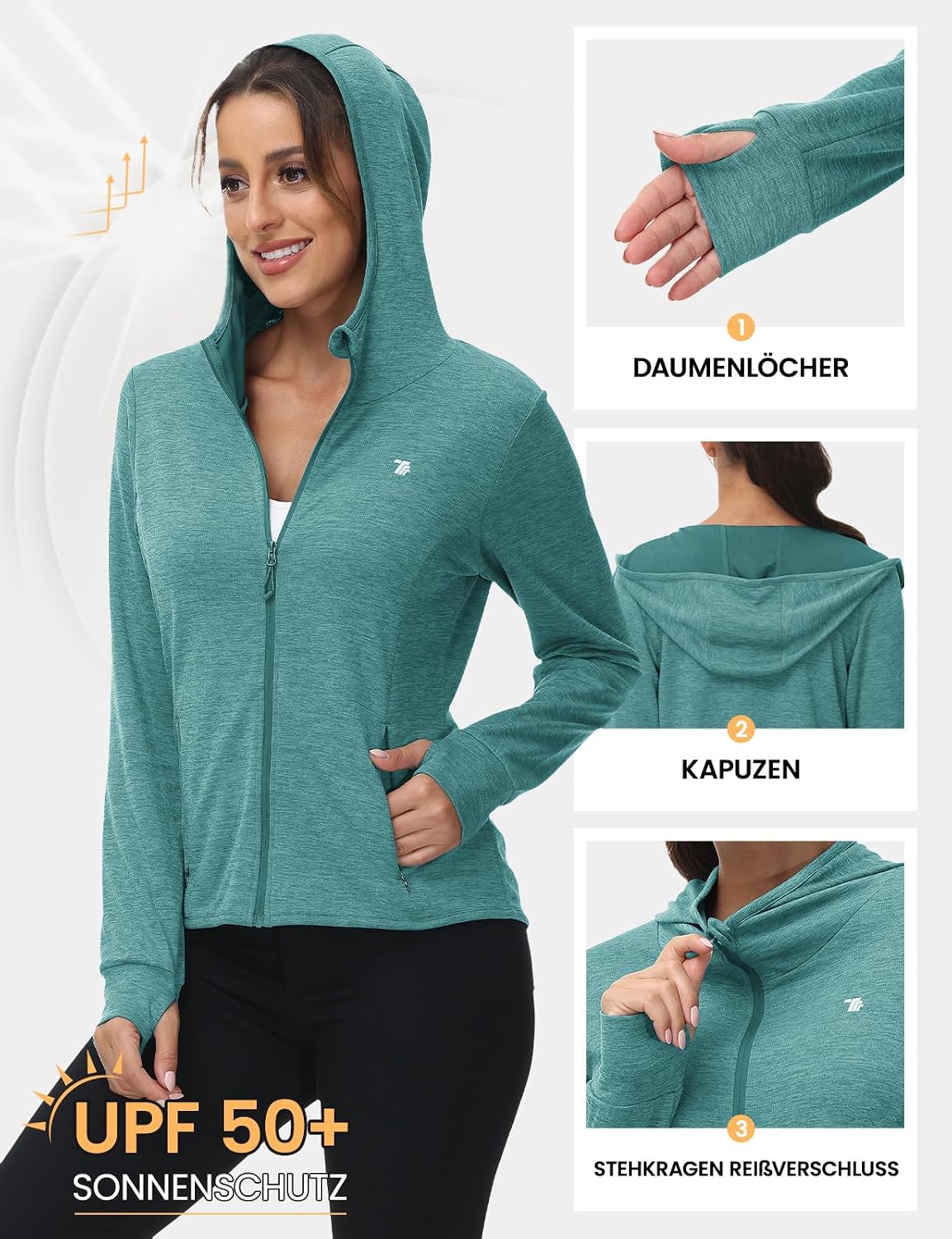 Detalle de Rdruko Damen-Laufjacke mit Kapuze UPF50+ – Vollreißverschluss, 4 Taschen, leicht & atmungsaktiv