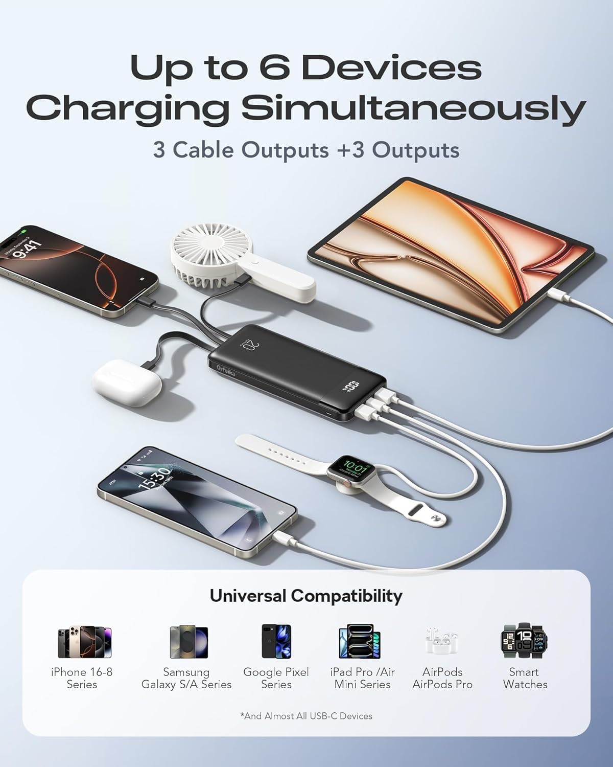 Thumbnail 3 de Orfeika 20,000mAh Power Bank with 4 Built-in Cables (20W Fast Charging) and LED Display