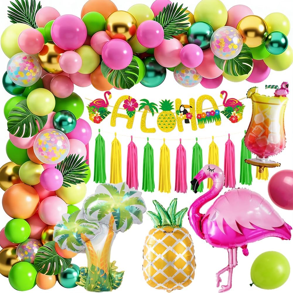 Detalle de Hawaii Party Deko Set – Tropische Ballon Girlande mit Flamingo, Ananas und Aloha Banner