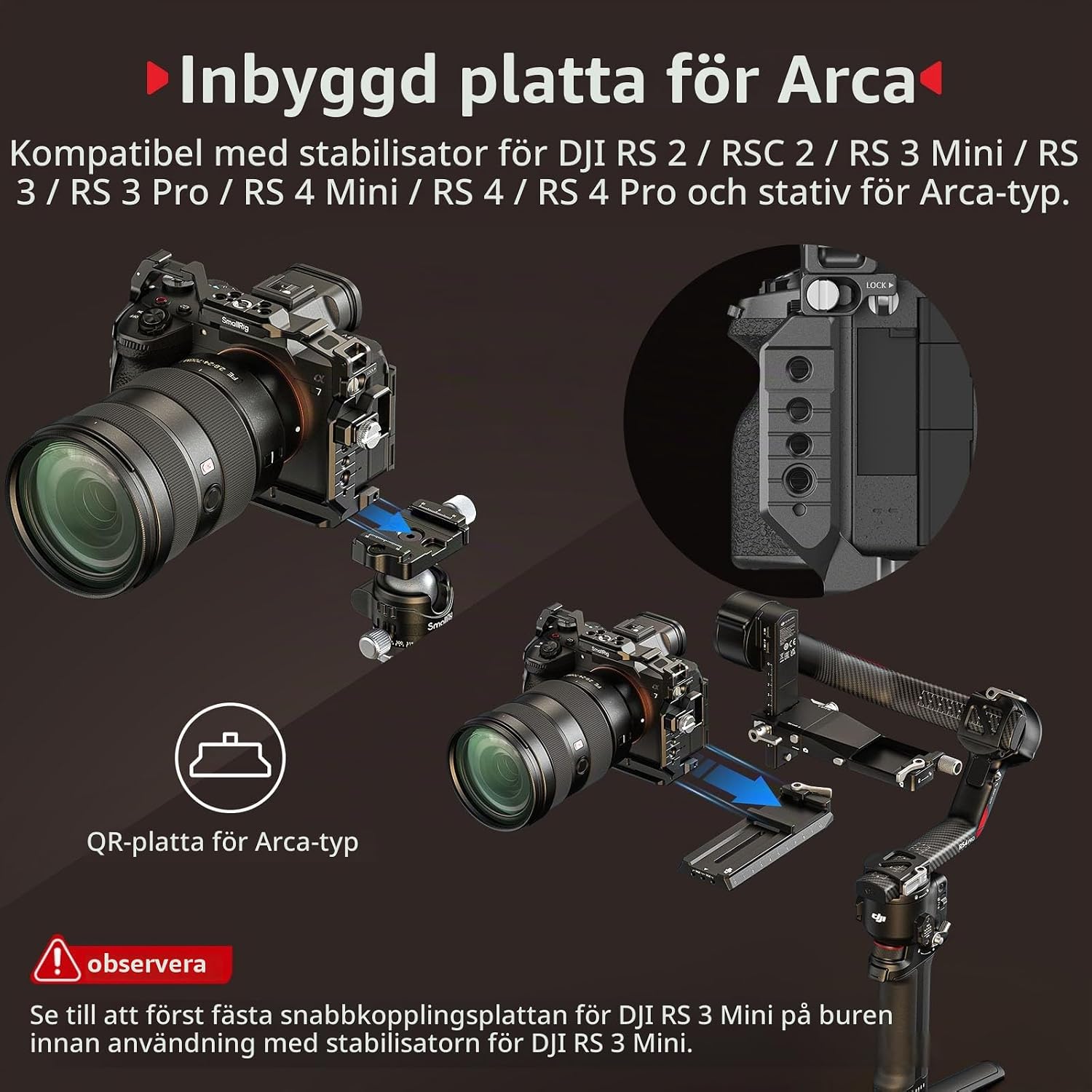 Detalle 2 de SMALLRIG Alpha 7 V HawkLock 6024 kamerabur med Arca-Swiss-platta