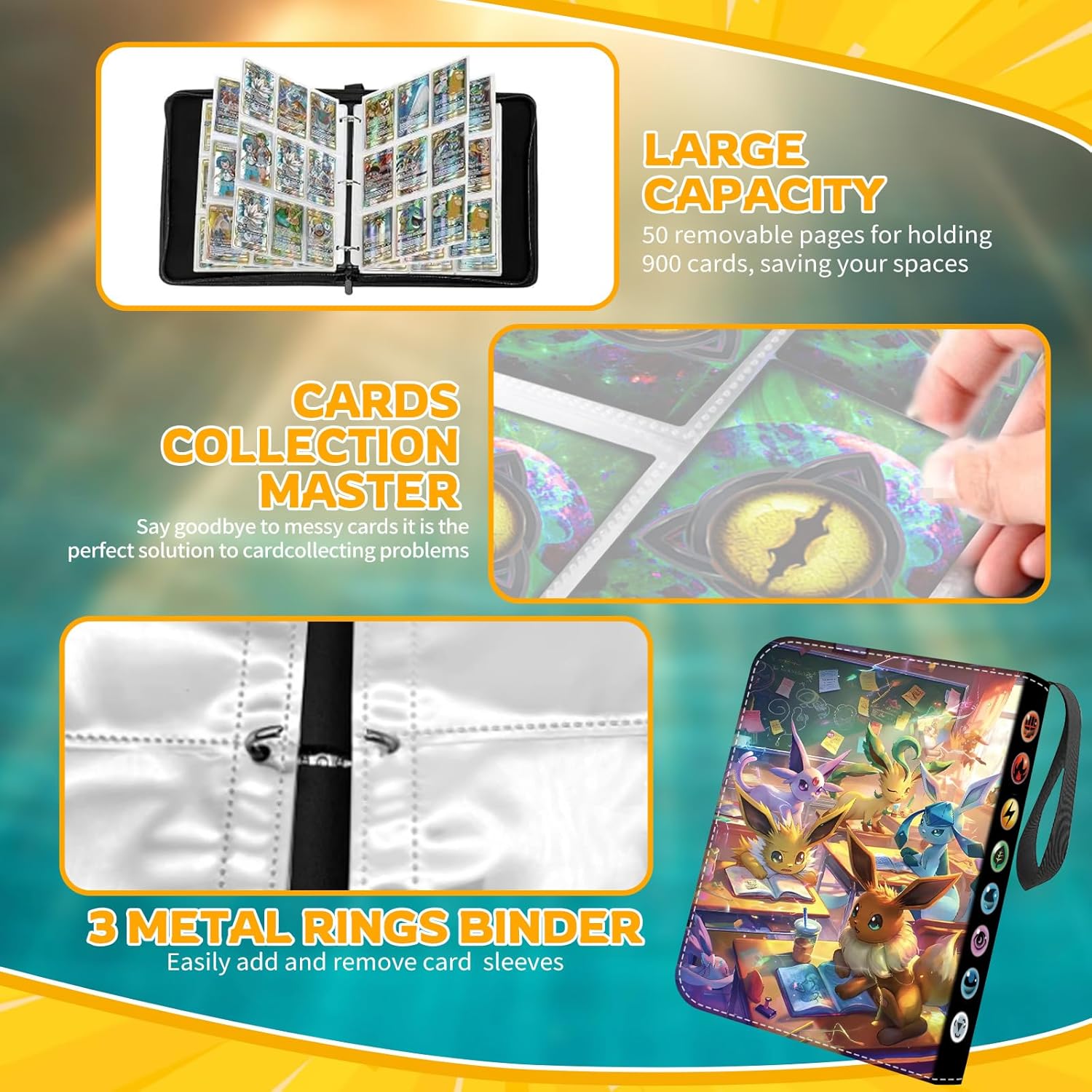 Thumbnail 4 de Sammelkarten-Album mit Reißverschluss – 50 Seiten, bis 900 Karten (wasserdicht, PU-Leder)