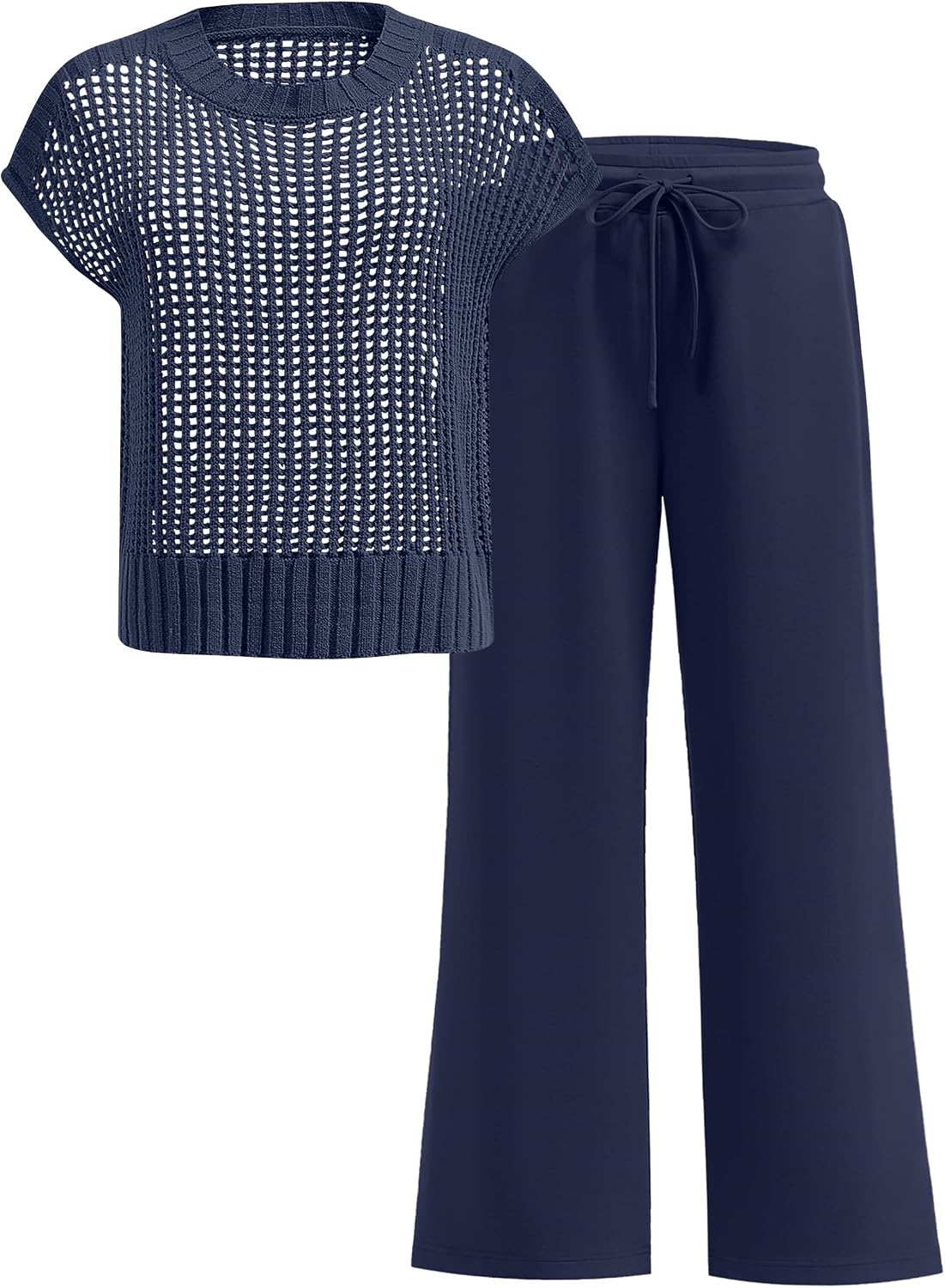 Detalle de ANRABESS Women’s Two-Piece Crochet Sheer Knit Set with Wide-Leg Pants