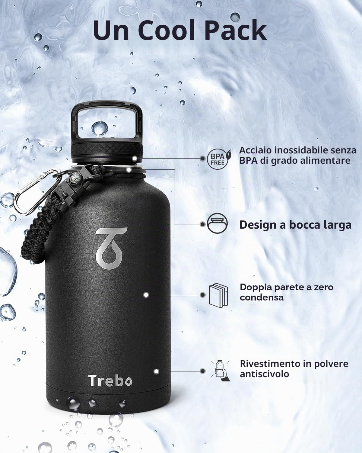 Detalle de Trebo Borraccia Termica 1,8 L con Cannuccia e Paracord — acero inox fredda per 48 ore