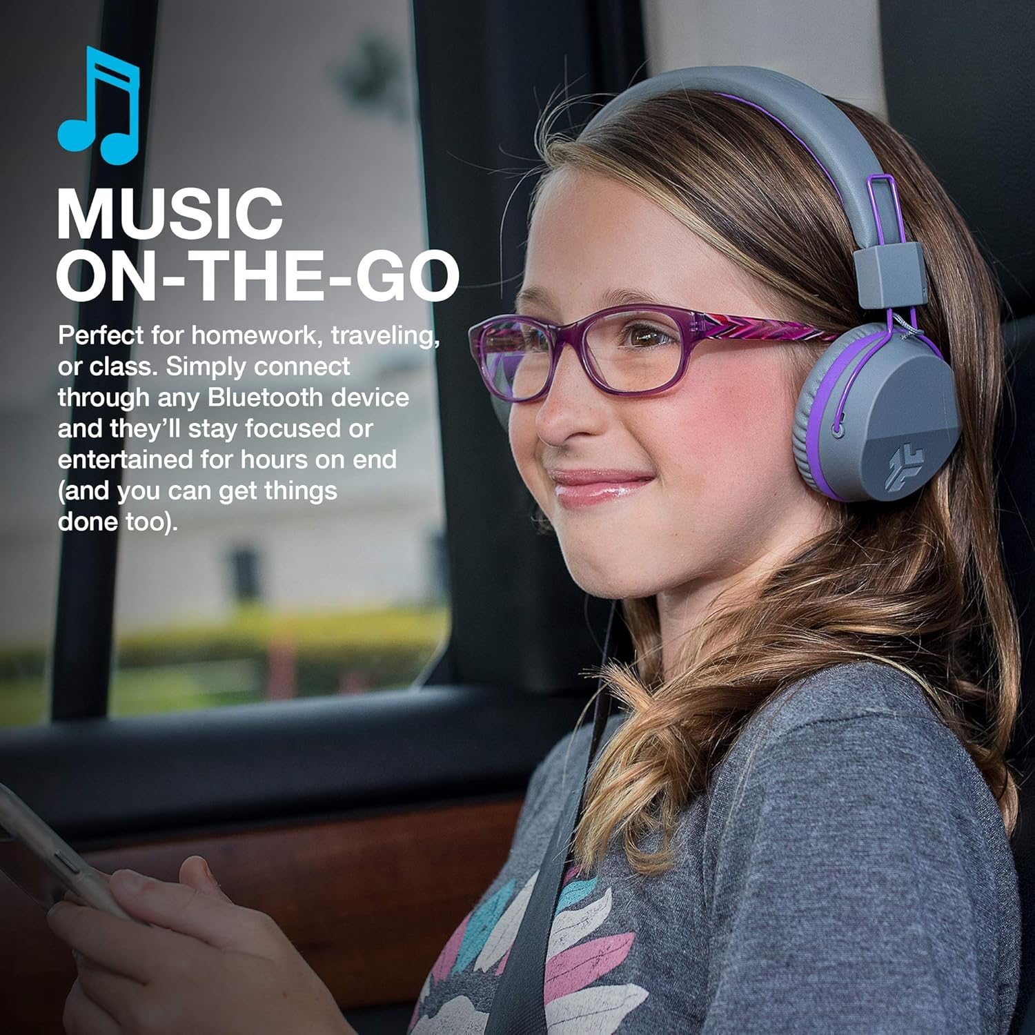 Thumbnail 3 de JLab JBuddies cuffie Bluetooth per bambini over-ear senza filo con limitatore volume, microfono e batteria fino a 24 ore – Viola