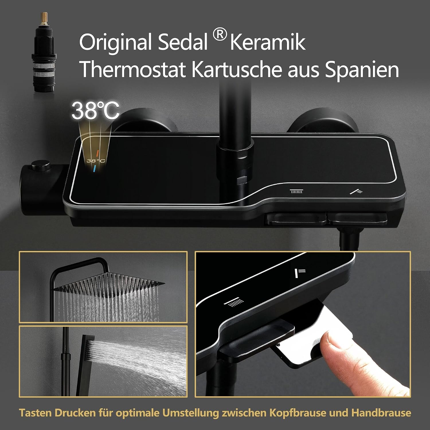 Thumbnail 2 de Colonna doccia Görbach Nero con termostatico in acciaio inox 304 e soffione 20×20 cm