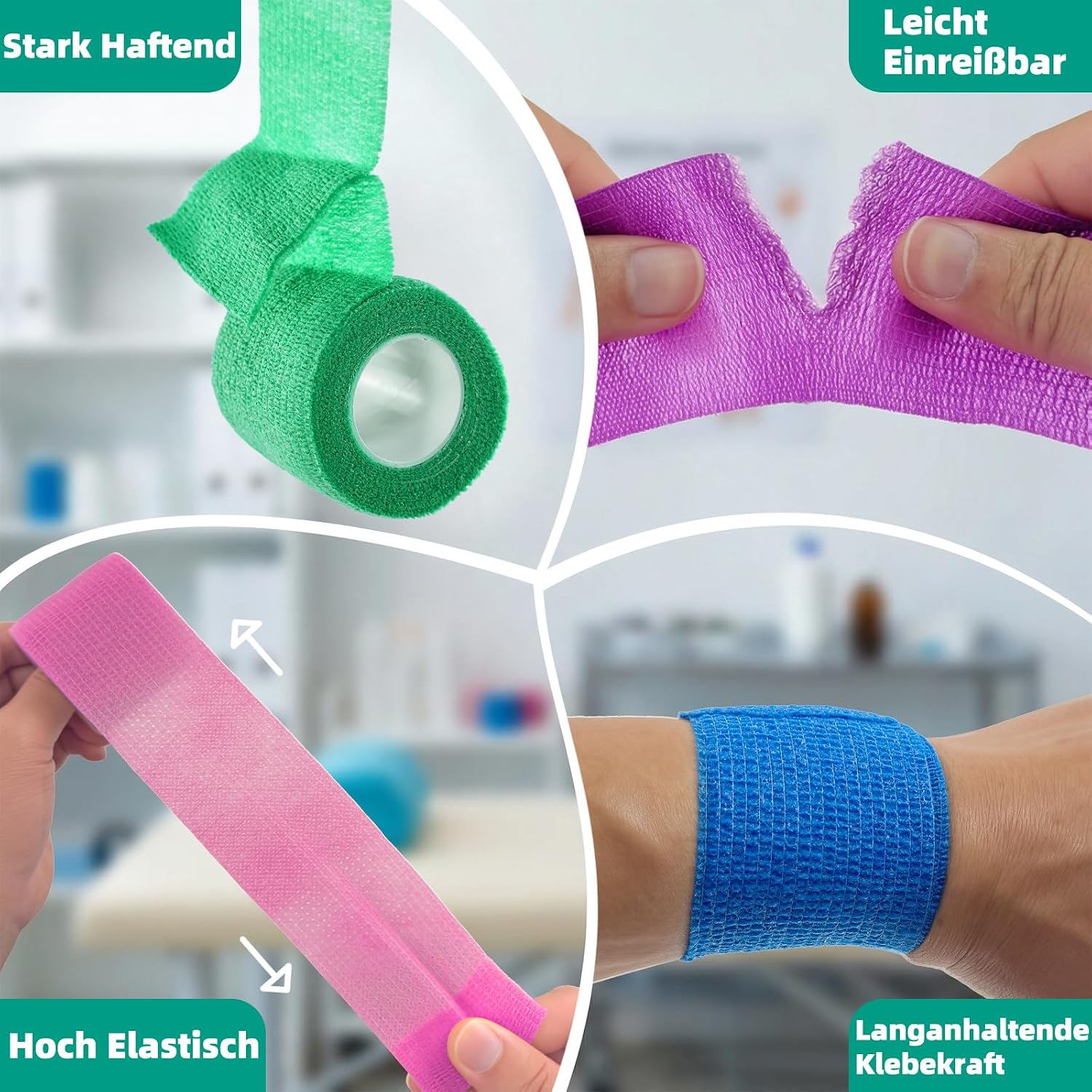 Detalle de HONYAO selbstklebende Kohäsionsbinde – 10 Rollen, 7,5 cm × 4,5 m, elastisch für Erste Hilfe & Sport (10 Farben)