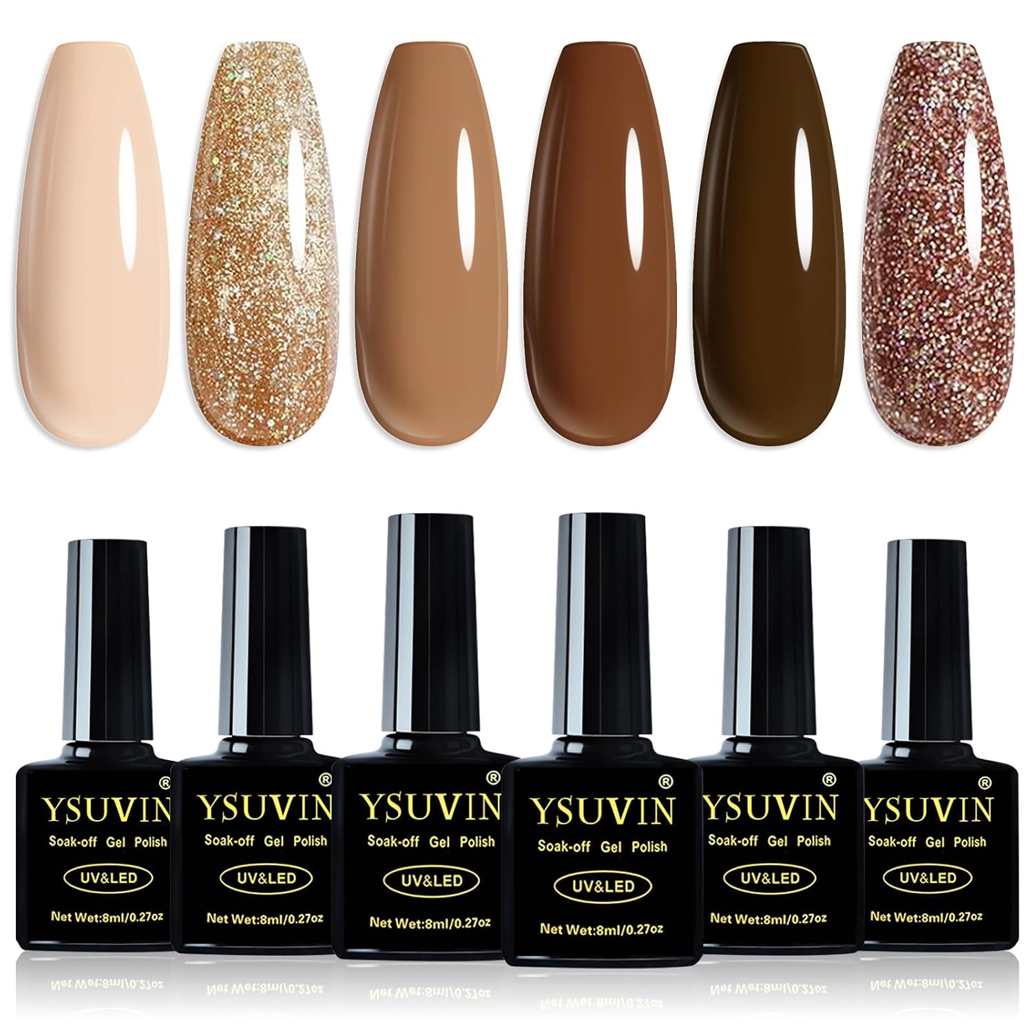 Thumbnail 6 de YSUVIN UV-Nagellack Set mit 6 Farben (Nude, Braun, Khaki, Kaffee, Glitzer, Gold) – Soak-off UV-Gel für DIY & Salon