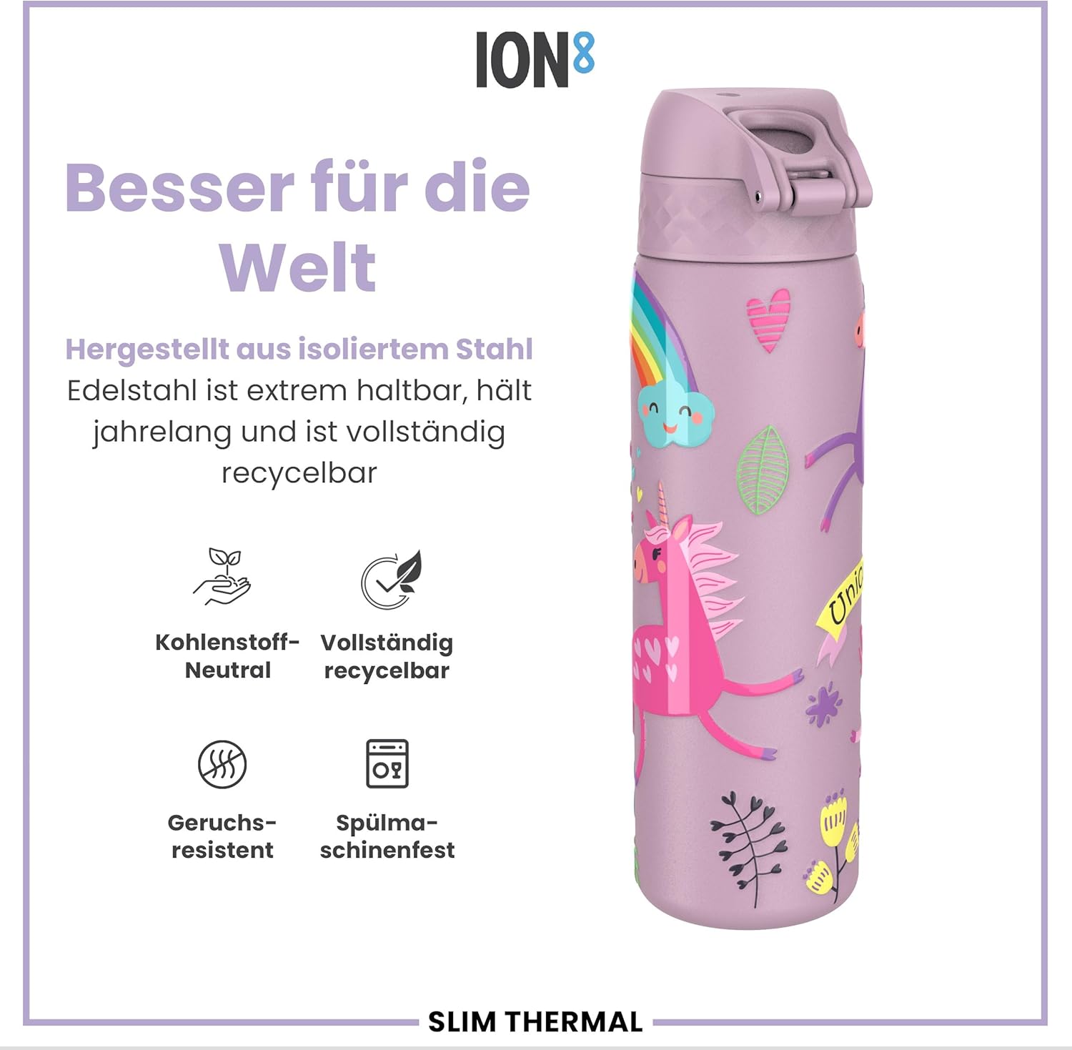 Thumbnail 4 de ion8 Vakuumisolierte Edelstahl-Trinkflasche 500 ml – Auslaufsicher, Einhandöffnung, Einhorn Design