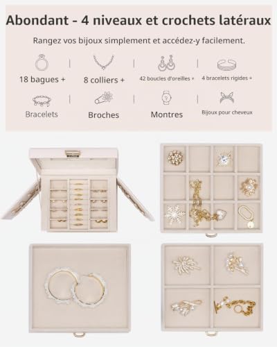 Detalle de VLANDO Grande boîte à bijoux à 4 niveaux avec miroir et 8 crochets