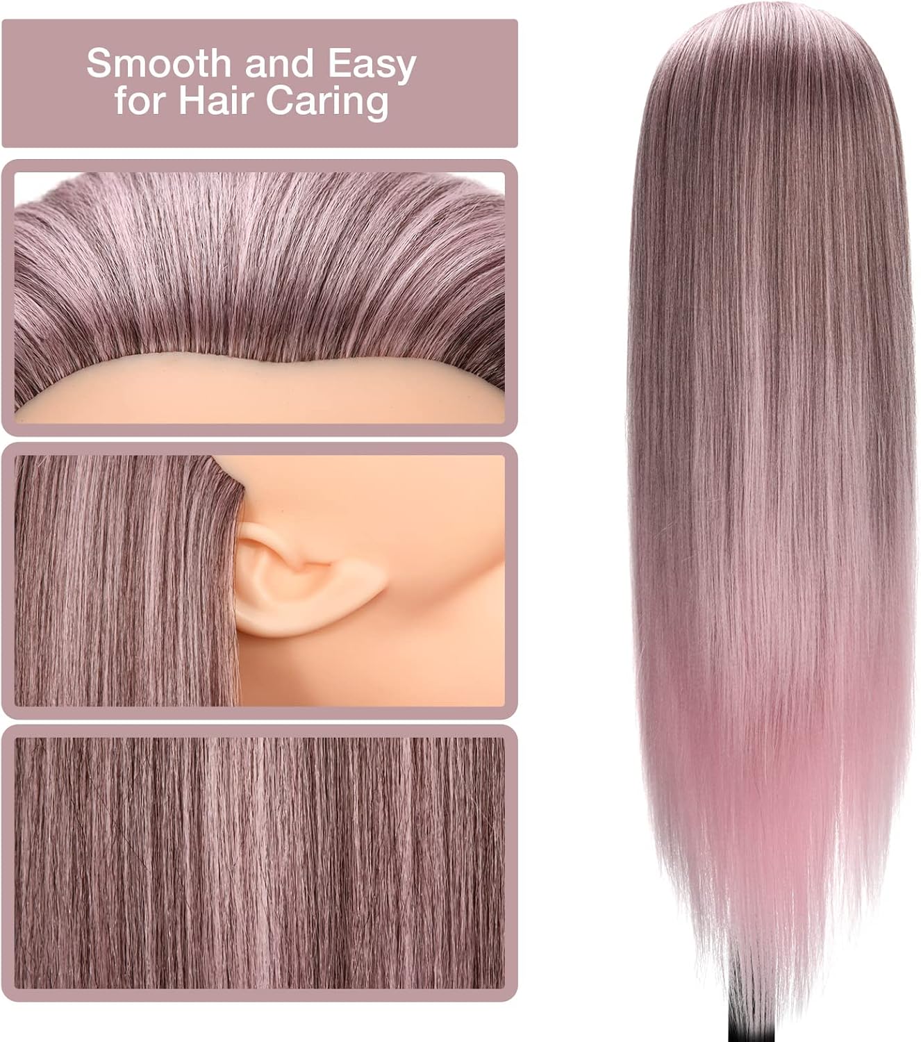 Detalle de GUANJUNE Mannequin Head: 26-28 Inch Synthetic Hair Training Head with Clamp Holder & Accessories – Gradient Pink