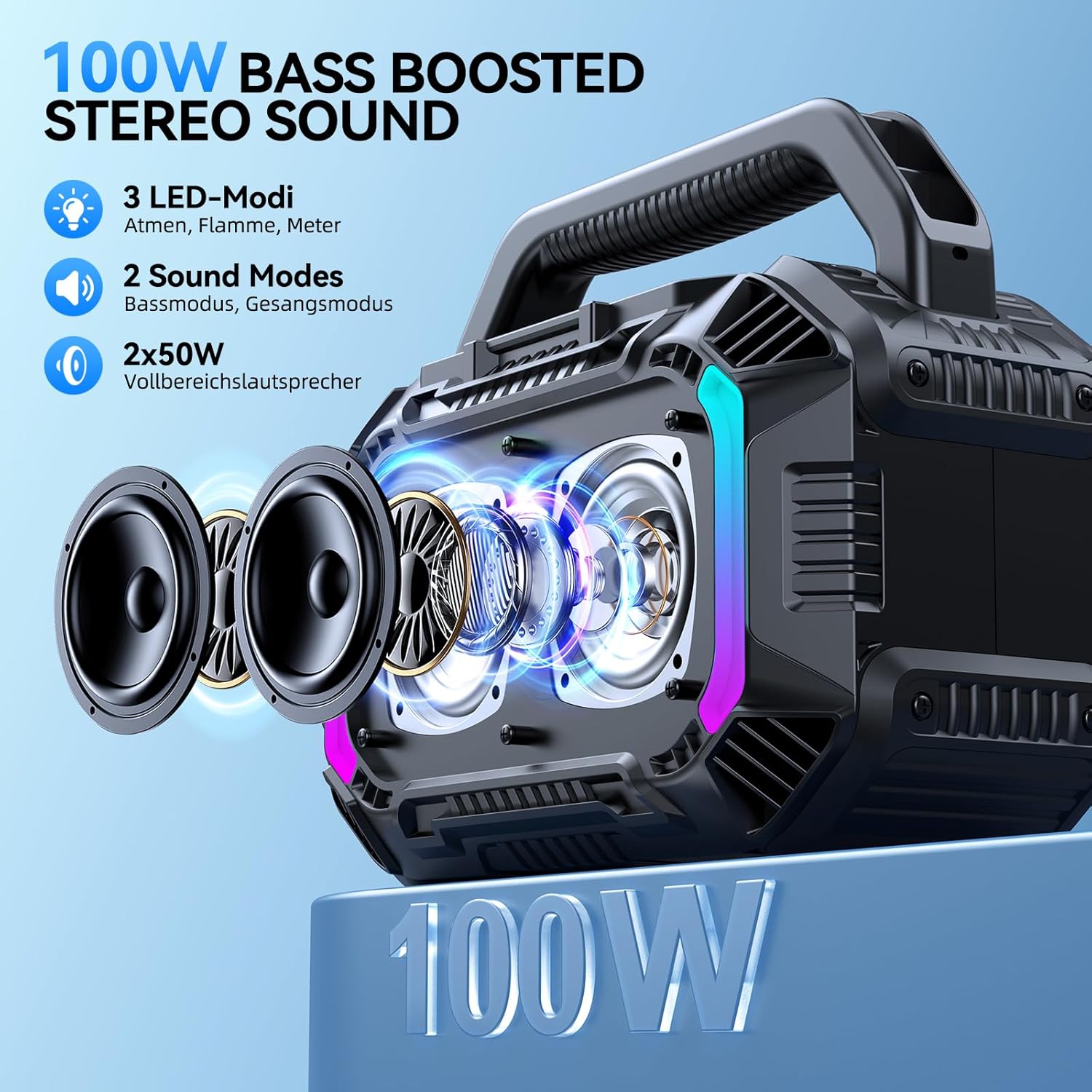 Thumbnail 1 de Wilody 100W tragbarer Bluetooth-Lautsprecher (BT 5.3, TWS, IPX7) mit RGB-Licht & 20h Akku – L-Schwarz