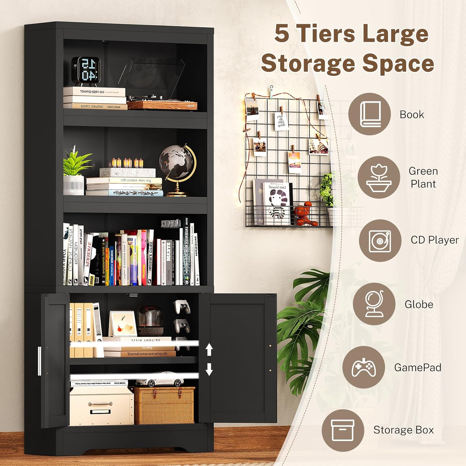 Detalle 1 de TEENFON bookcases 5-Shelf Bookcase with LED Lights, Doors and Adjustable Shelf