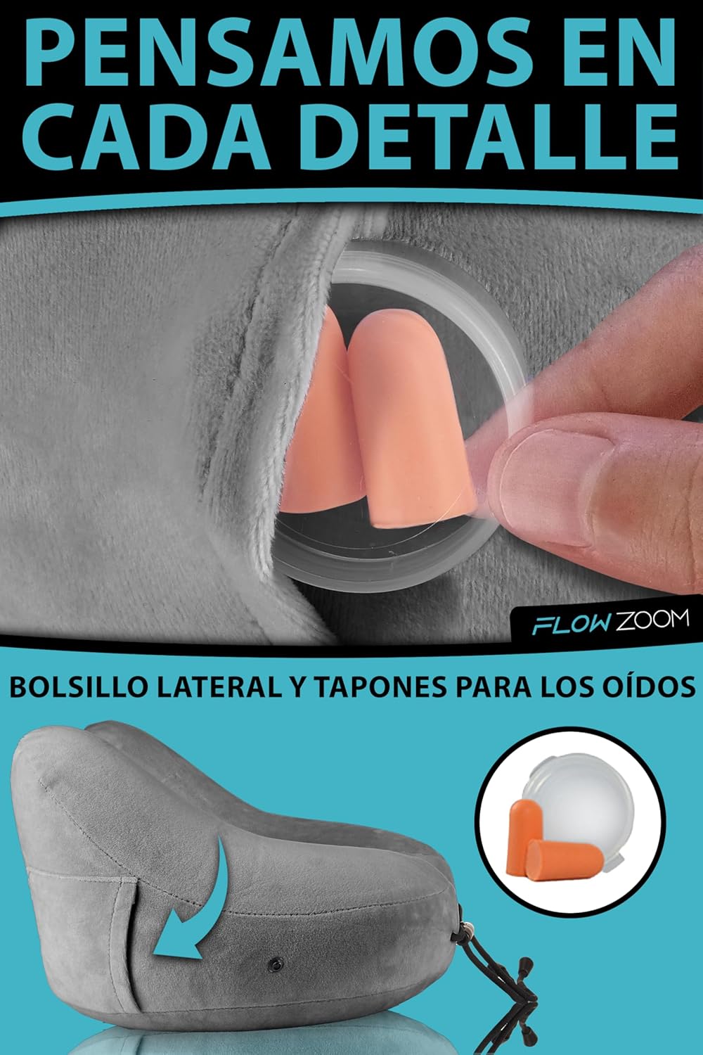 Thumbnail 7 de FLOWZOOM Almohada de Viaje Hinchable – Cojín de Cuello con Capucha