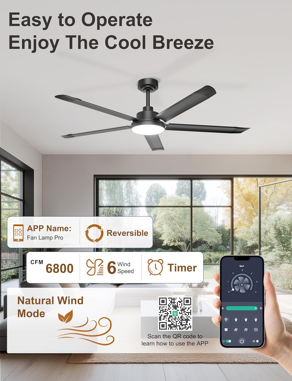Thumbnail 4 de Ohniyou 60'' Ceiling Fan with Lights — Industrial 5-Blade, Black, App & Remote Control
