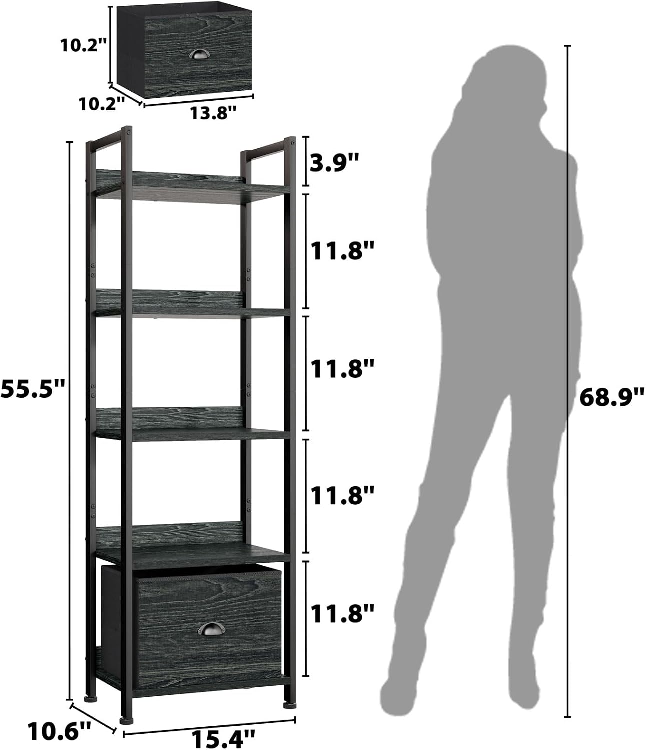 Detalle de Furologee 5-Tier Bookshelf with Drawer, Black Oak, Narrow 55.5-Inch Shelf