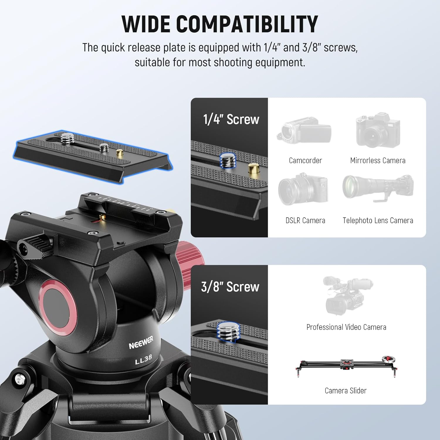 Detalle de NEEWER LL38 79"/2m Video Camera Tripod with Fluid Head & Cleaning Cloth: A practical, heavy‑duty option