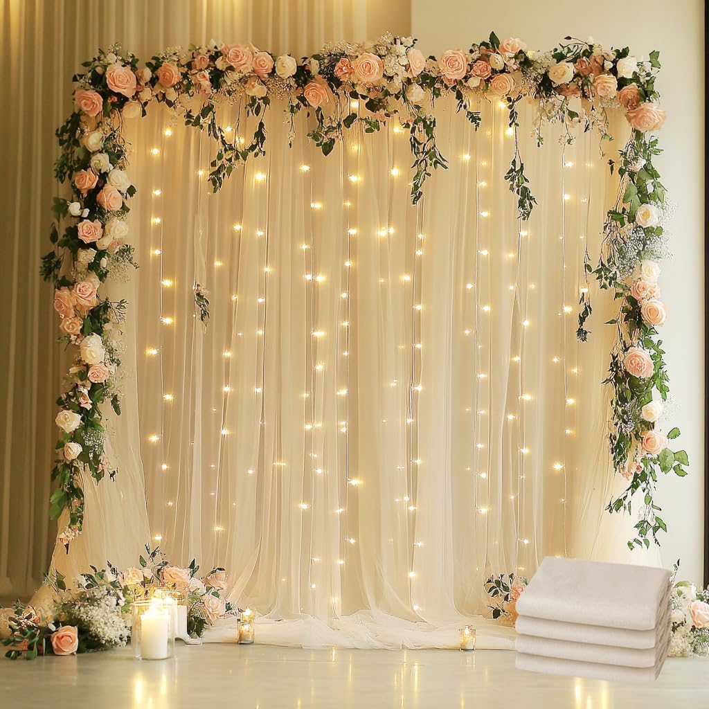 Detalle de Xiomot Tulle Backdrop Curtain with Lights - 4 Panels of 5x8ft Each with USB-Powered String Lights