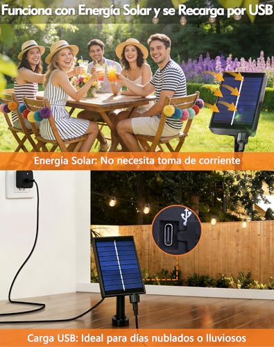 Detalle 2 de ROVLAK Guirnaldas Luces Exterior Solar 10M con 15+1 LED G40 y Control Remoto