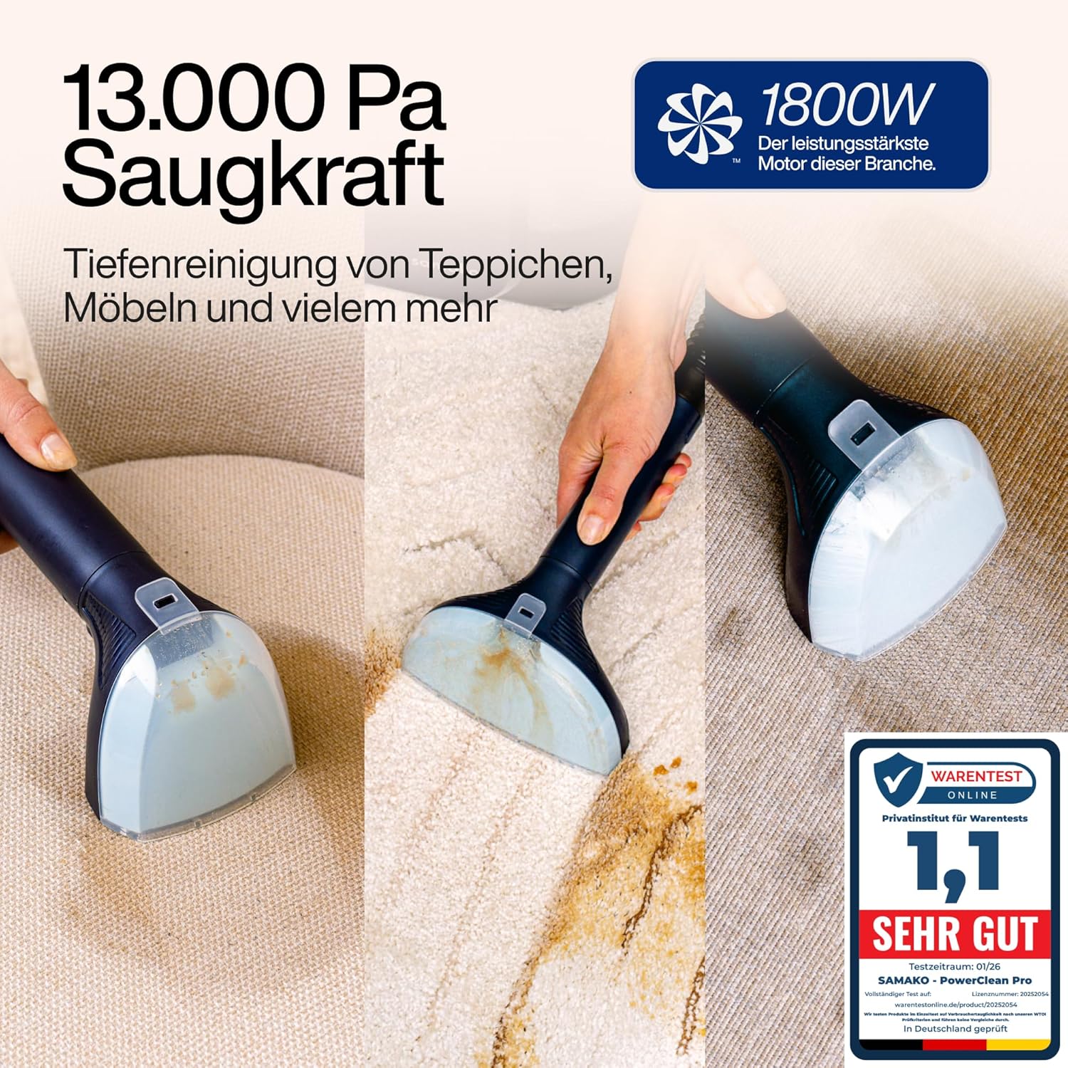 Detalle 2 de SAMAKO PowerClean Pro Waschsauger für Polster & Teppich mit Dampf – Doppeltank-System, 8 Aufsätze