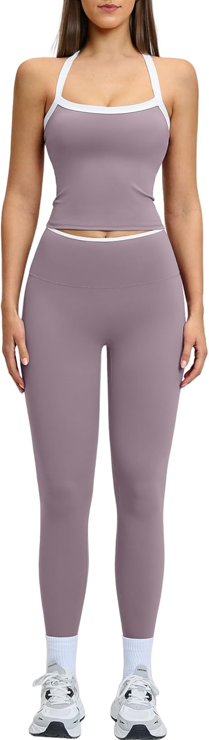 Detalle de QBGJTD Women's Two-Piece Cross Back Workout Set: Tank Top & High-Waist Leggings