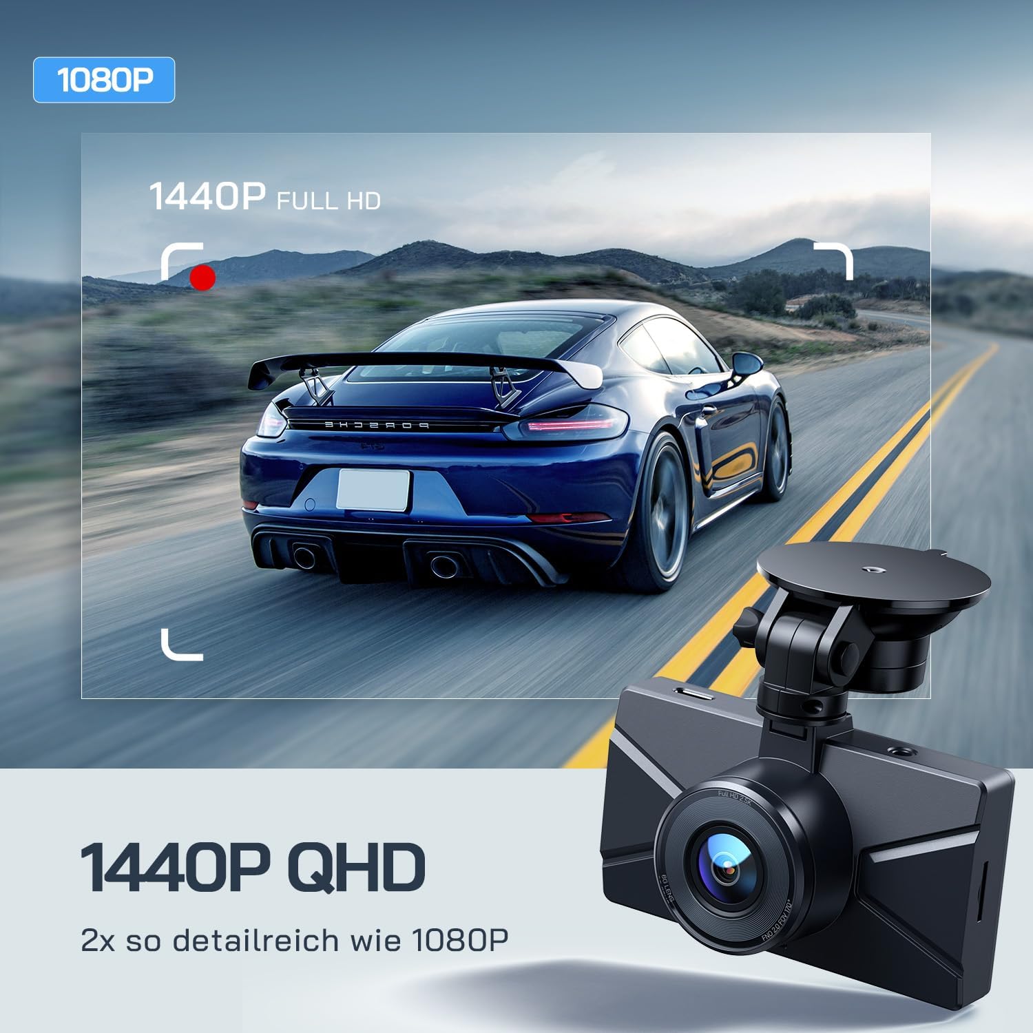 Detalle de WOLFANG Dashcam Auto vorne & hinten 2,5K + 1080P mit 170° Weitwinkel, WDR und 24h Parkmodus inkl. 32-GB-SD