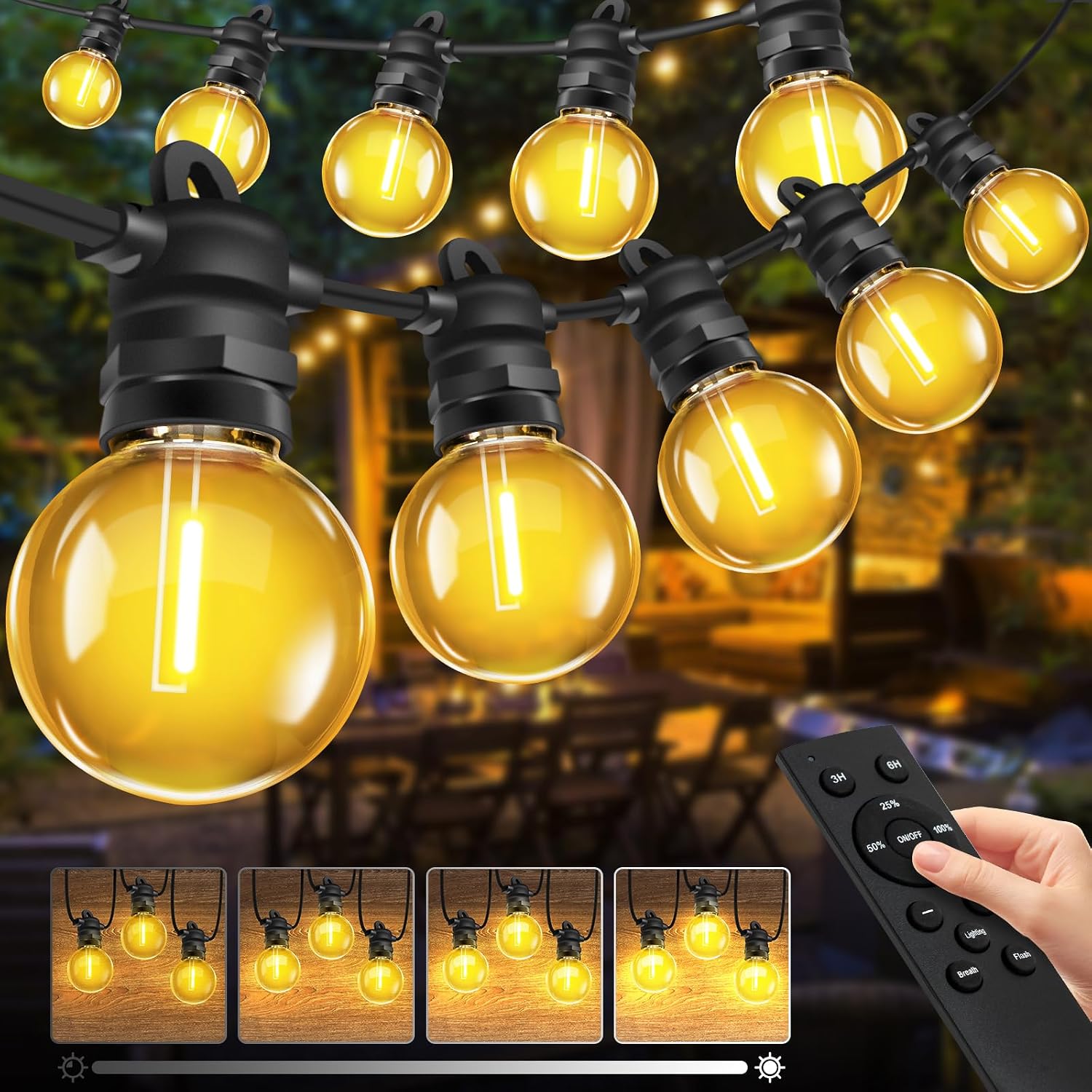 Detalle de Bowfar Außen-Lichterkette mit G40-Glühbirnen, 15 m, IP68, dimmbar & mit Fernbedienung (23+2 Stk)