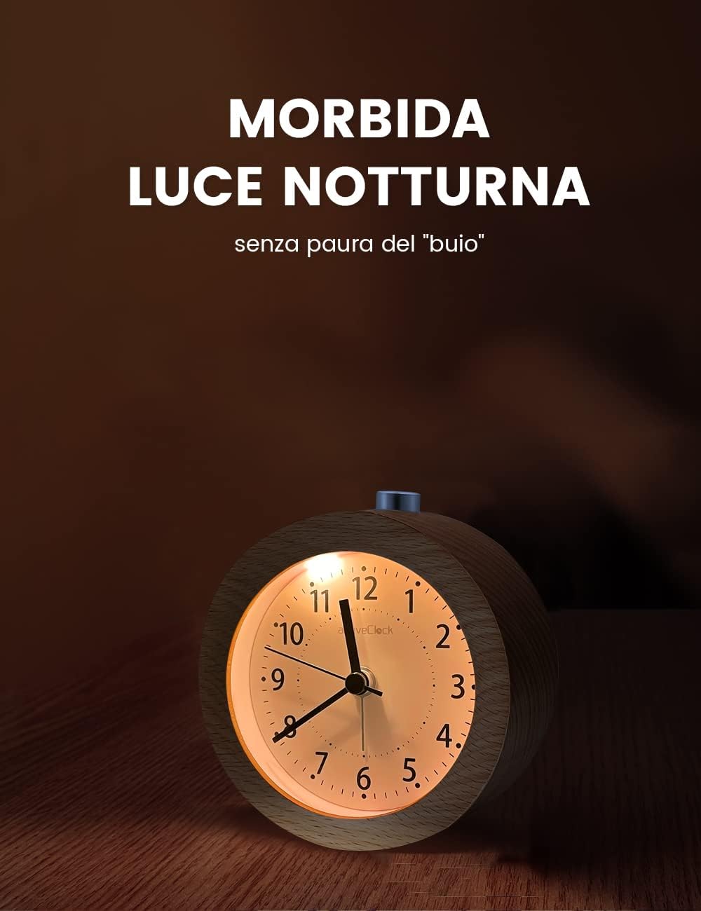 Detalle de aboveClock Sveglia da comodino analogica in legno chiaro con snooze e luce notturna