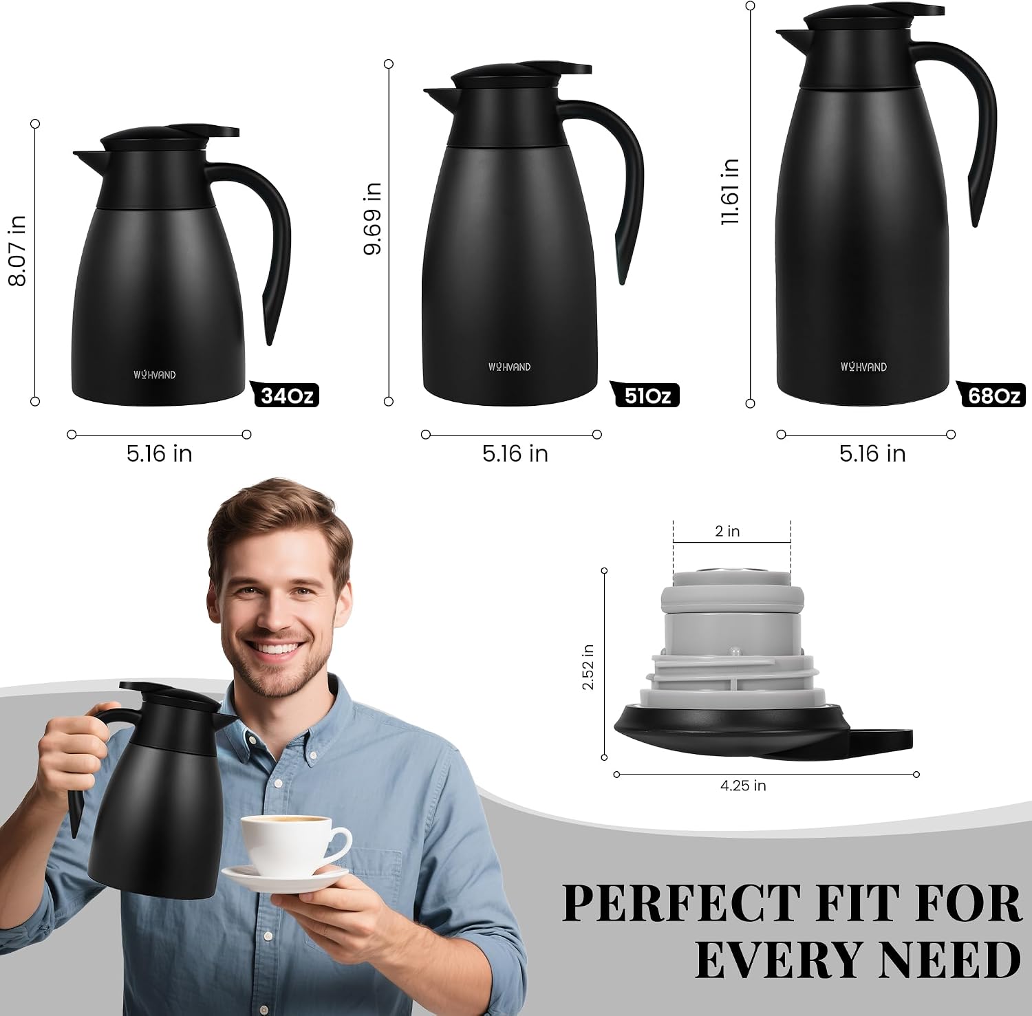 Detalle 2 de WYHVAND CL0210BK Thermal Coffee Carafe, 1.0 L, Black Stainless Steel