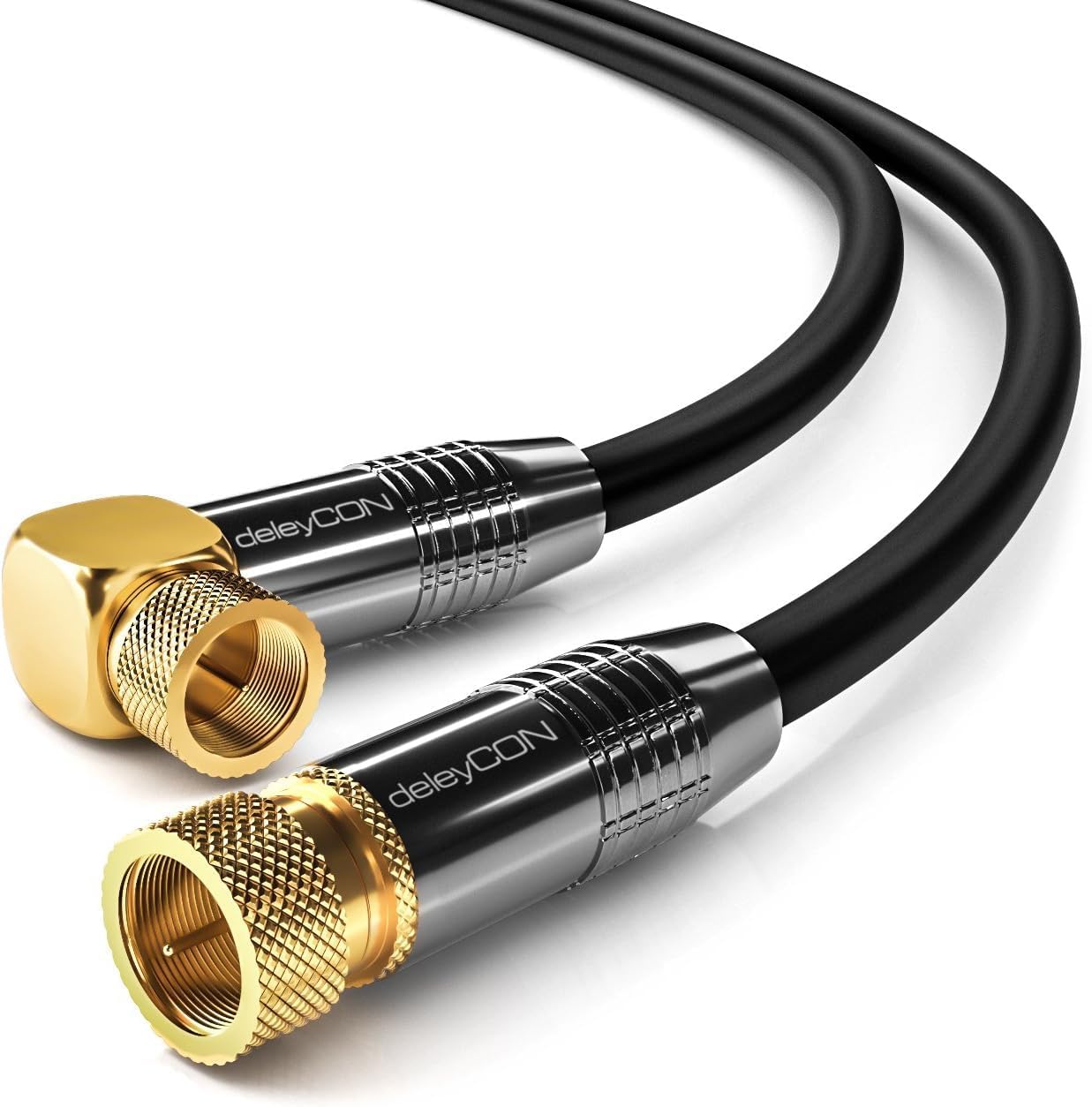 Detalle de DELEYCON 1,5 m SAT Antennenkabel Koaxialkabel F-Stecker 90° gewinkelt zu F-Stecker Gerade – HDTV/Full HD/4K, Schwarz