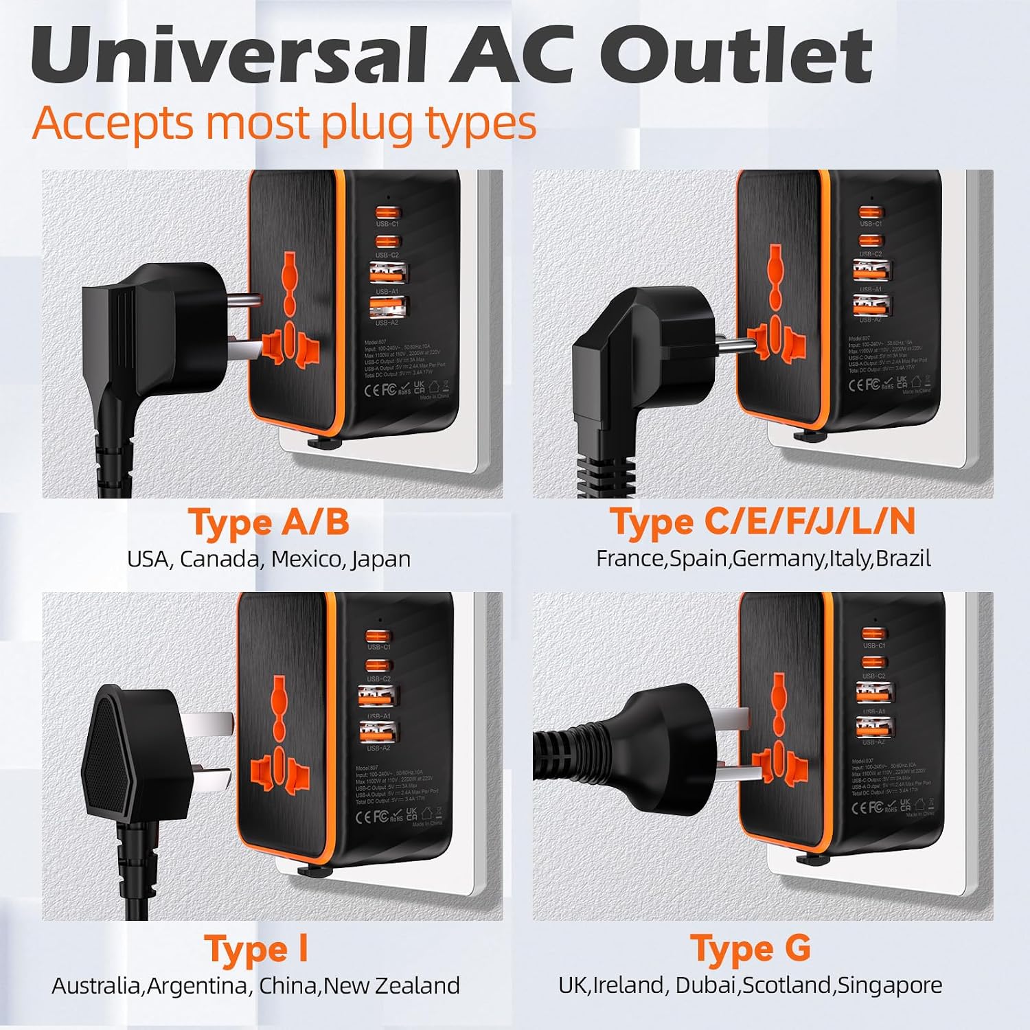 Detalle de Universal Travel Adapter: All-in-One World Plug with UK, EU, AU, US Sockets & 4 USB Ports