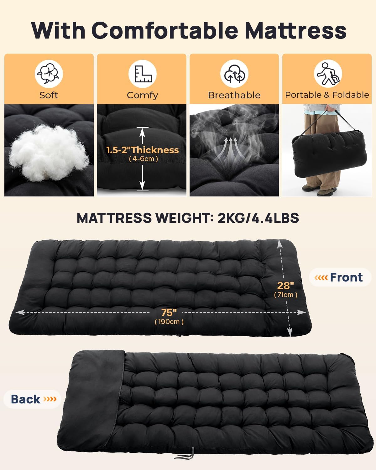 Thumbnail 4 de Sportneer Camp Beds for Adults with 1.5" Thick Mattress (28"/32" Extra Wide) – 450lbs Load, Folding Camping Bed