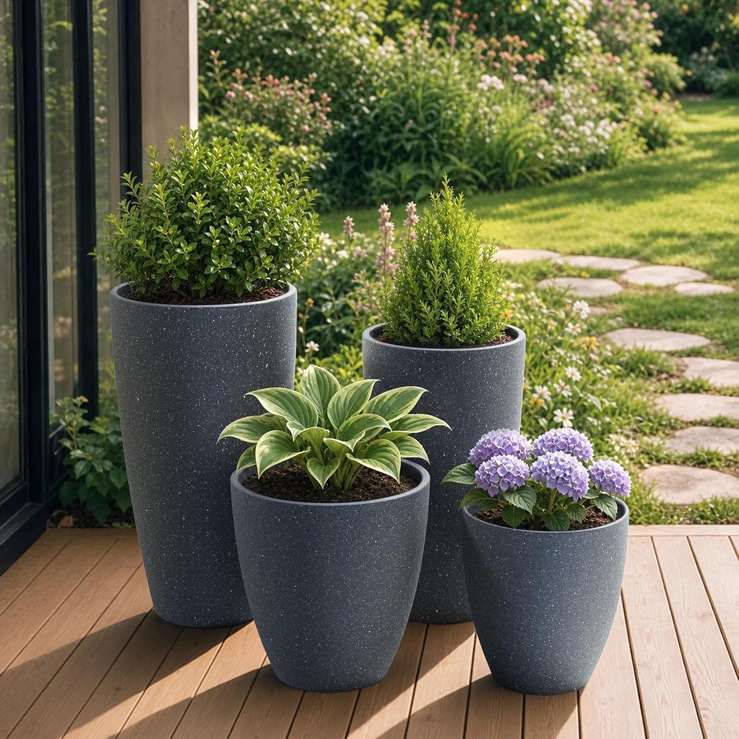 Thumbnail 6 de ZMTECH 4-Pack Plastic Planters, 21/18/12/10 in, Dark Grey Faux-Stone Finish