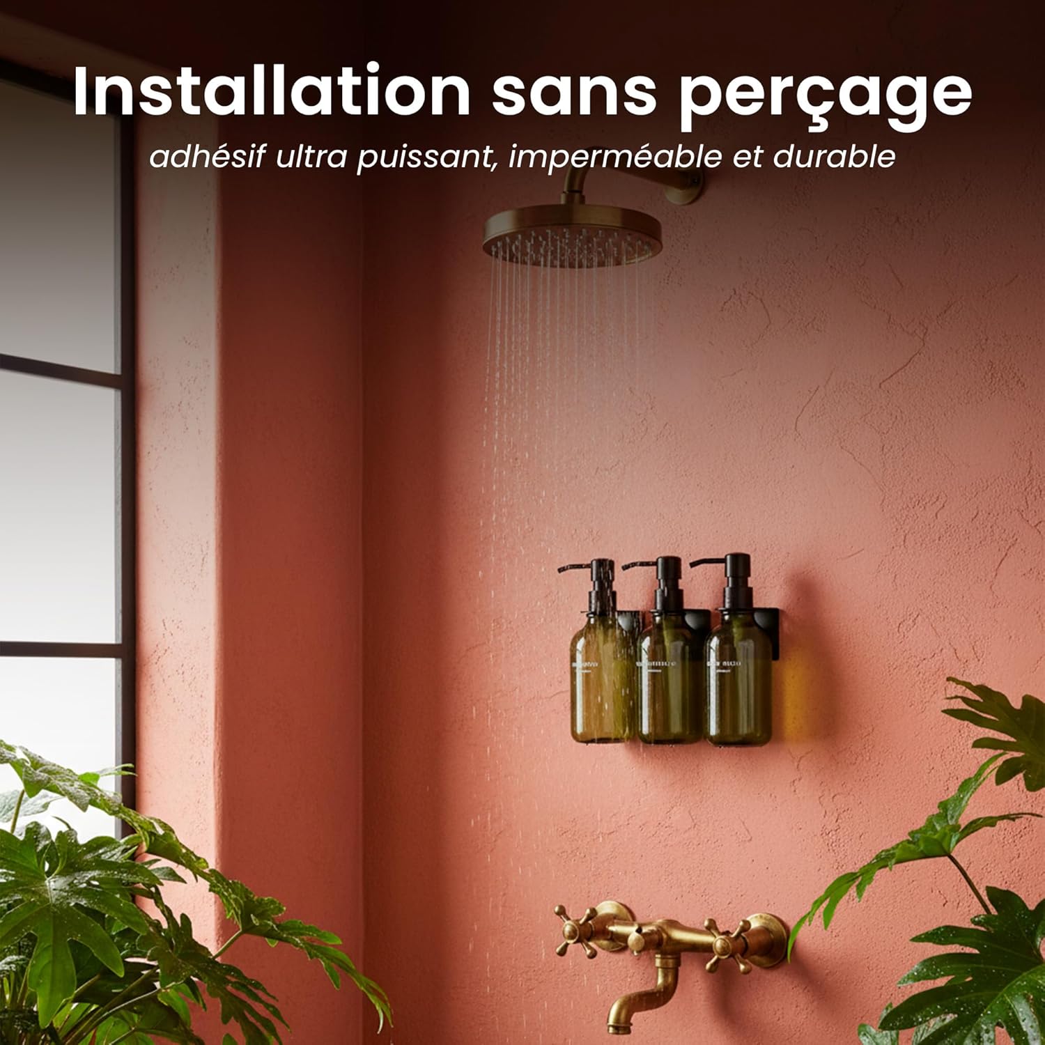 Thumbnail 5 de MaisoNovo Distributeur Savon Mural sans Percage – Lot de 3, 500 ml, Vert avec Pompes Noires